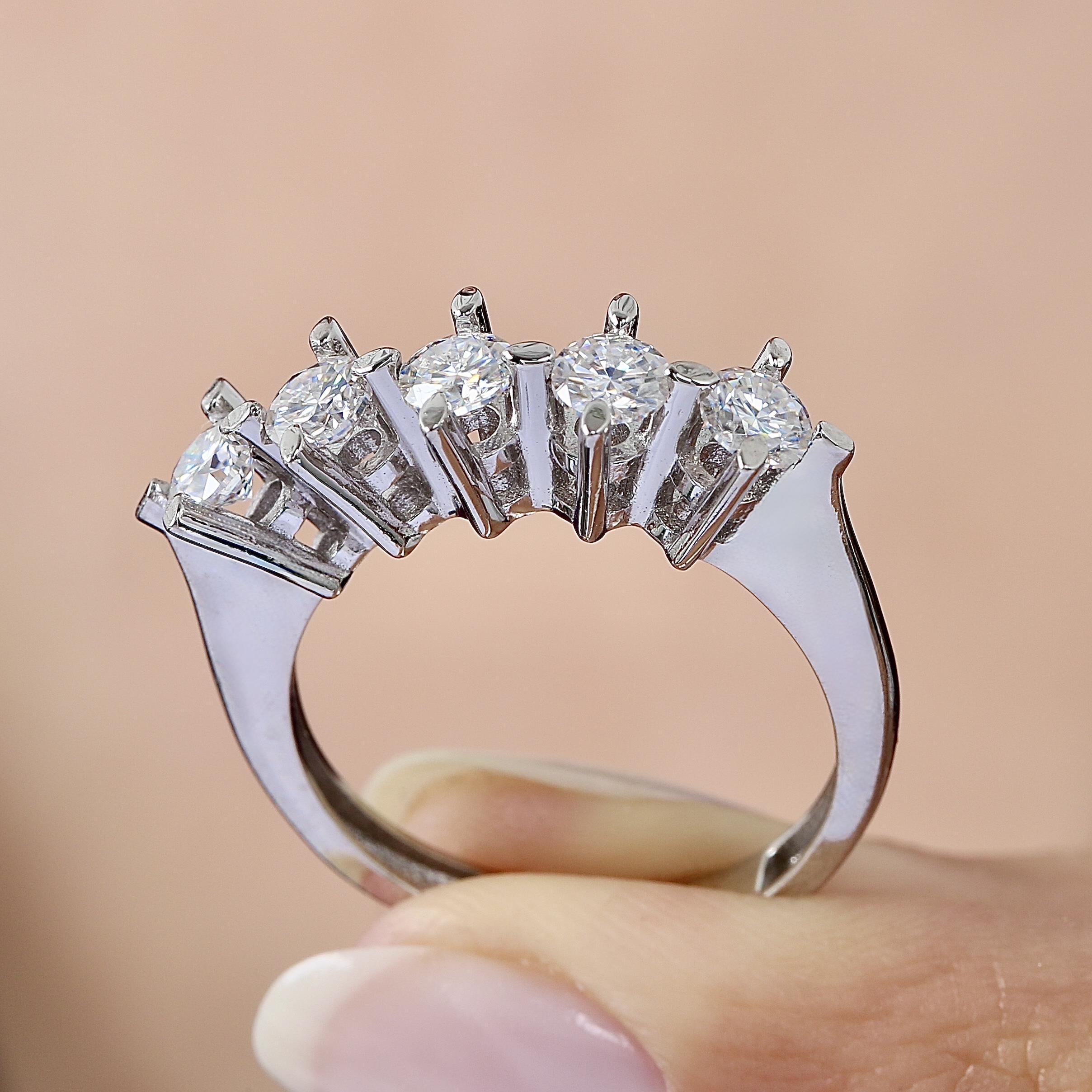 0.82 Ct Moissanite Brilliant Five Stone 925K Sterling Silver Ring