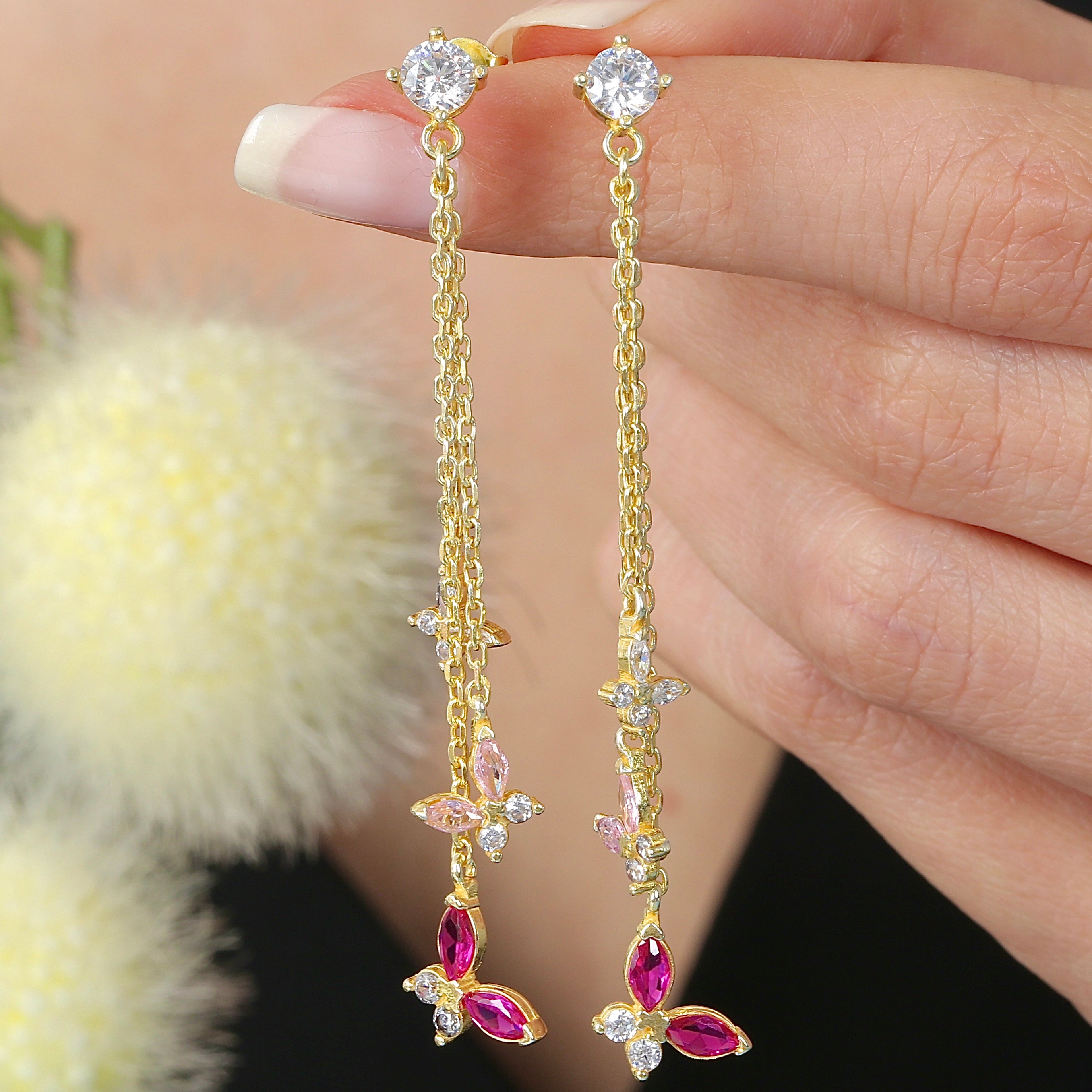 Butterfly Glow Drop Dangles CZ 14K Gold Earrings - Etossimo Jewelry
