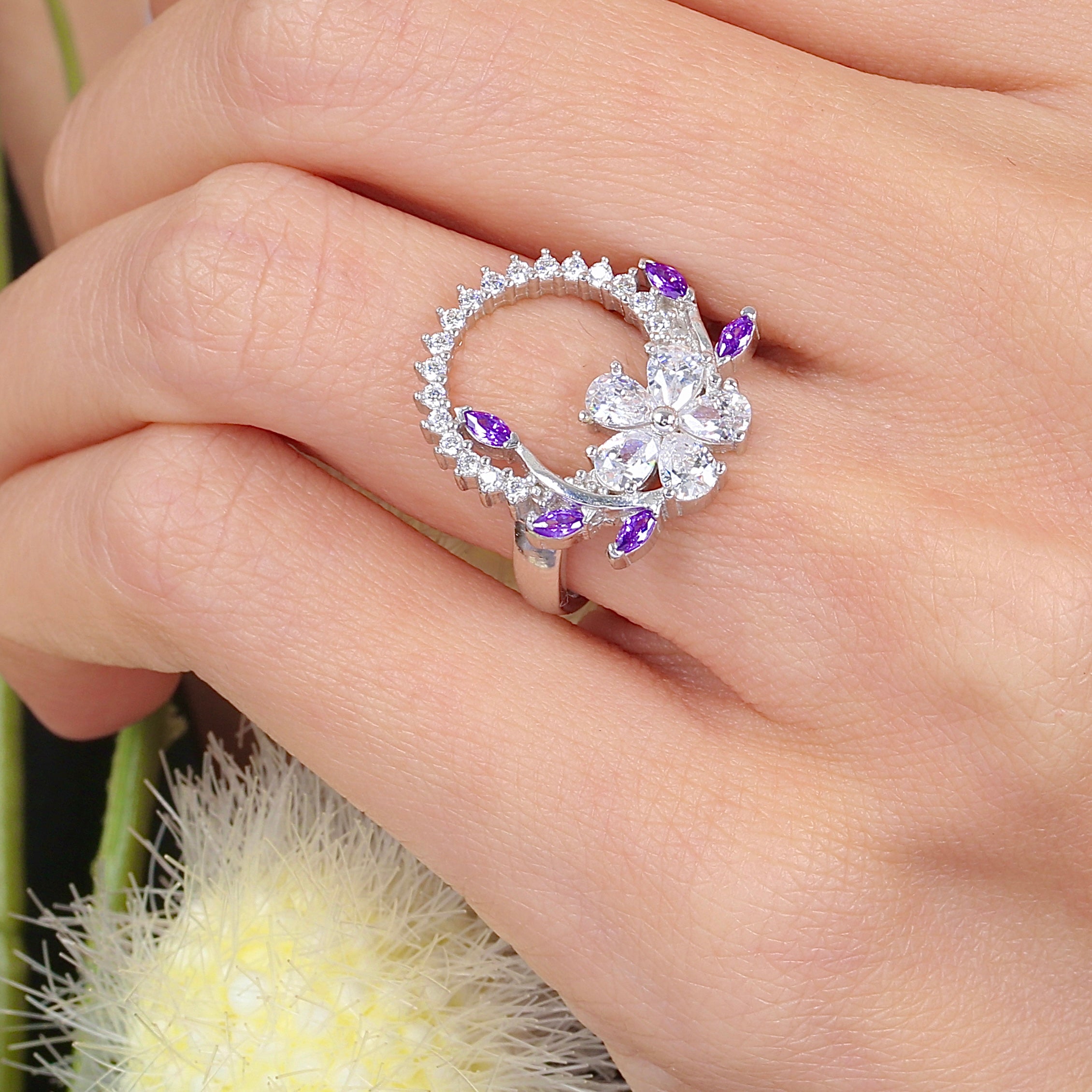 Plumeria Amethyst Color Crown CZ 925K Sterling Silver Ring - Etossimo Jewelry
