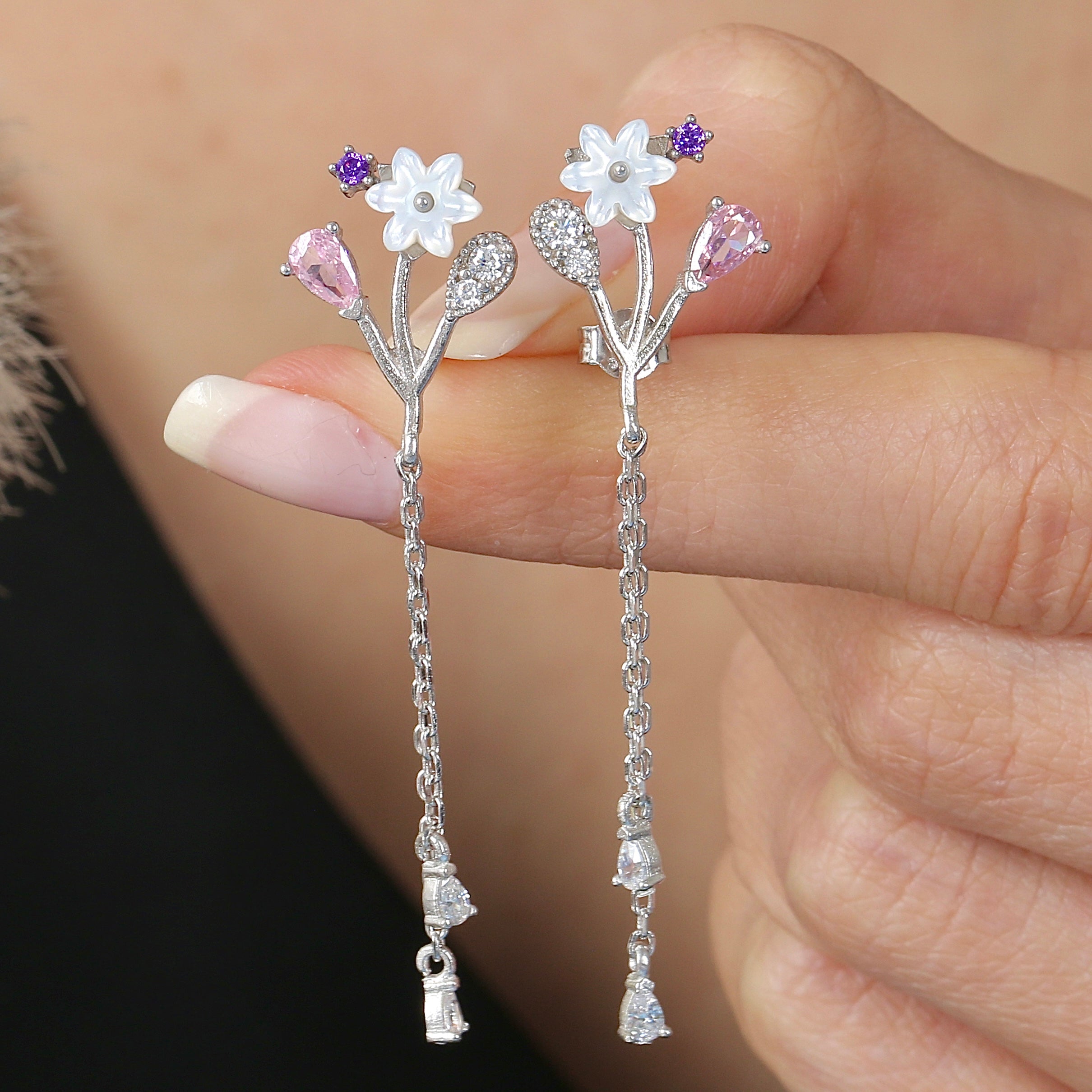 Magnolia Glow Drop Dangles CZ 925K Sterling Silver Earrings - Etossimo Jewelry