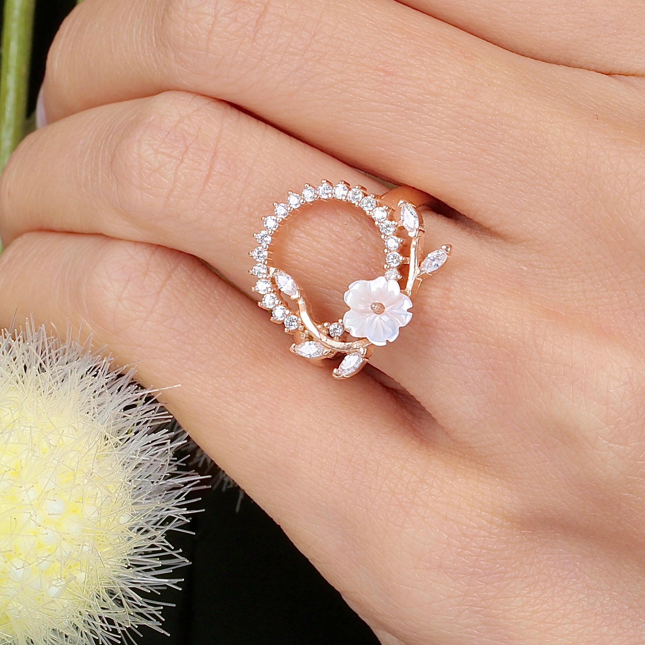 Magnolia Crown CZ Mother of Pearl Rose Gold 925K Sterling Silver Ring - Etossimo Jewelry