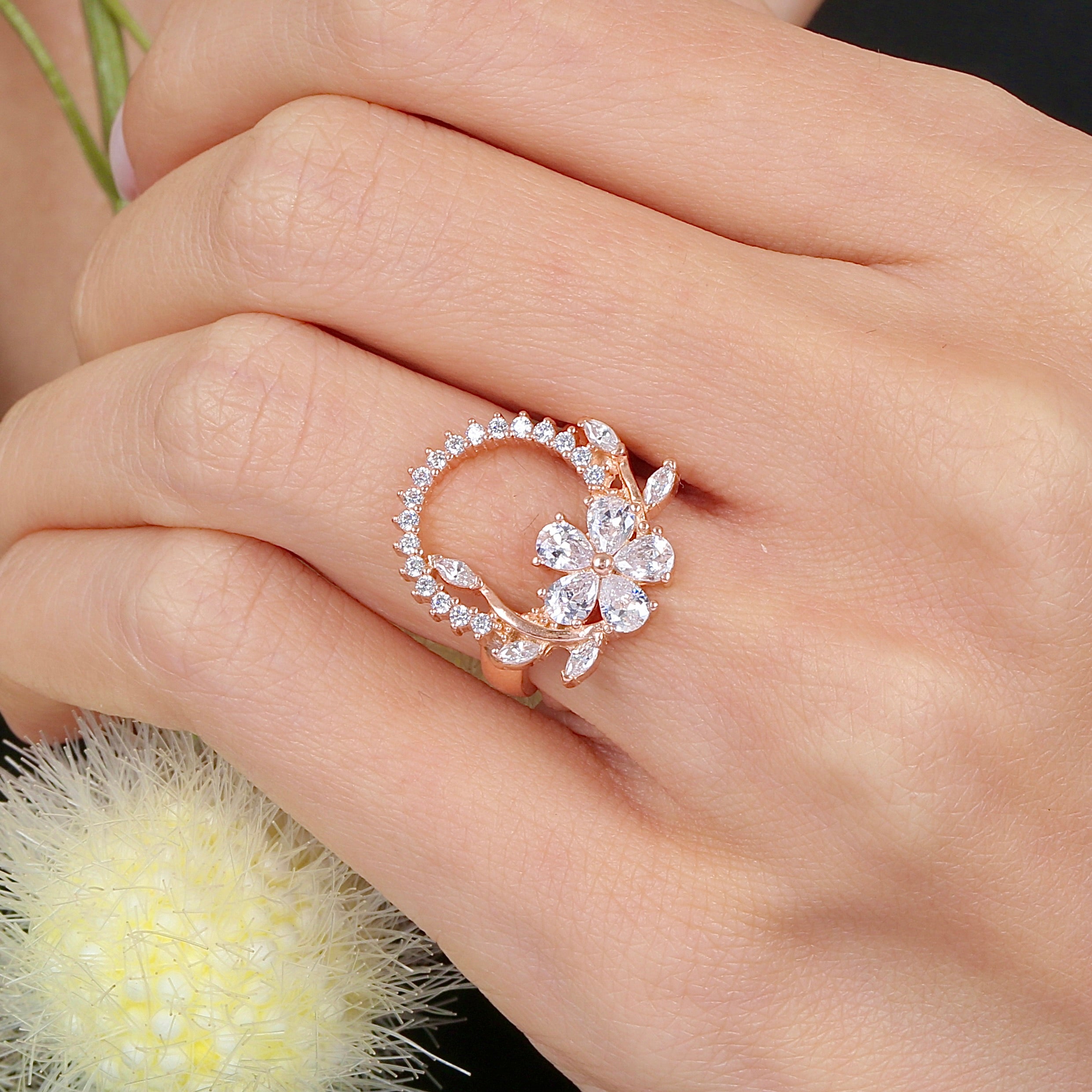 Plumeria Crown CZ Rose Gold 925K Sterling Silver Ring - Etossimo Jewelry