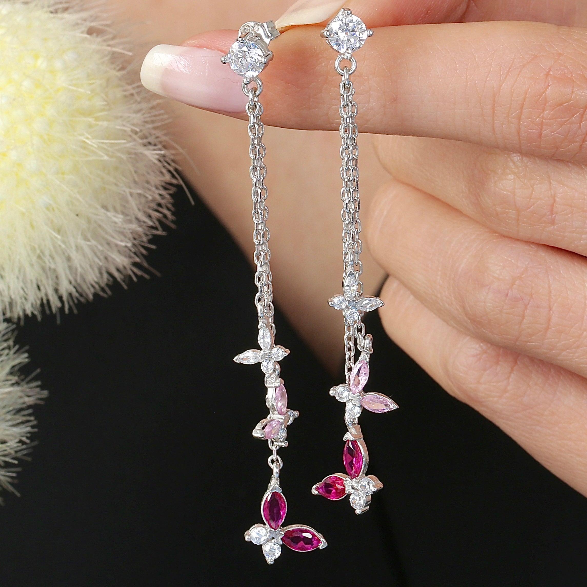 Butterfly Glow Drop Dangles CZ 925K Sterling Silver Earrings - Etossimo Jewelry