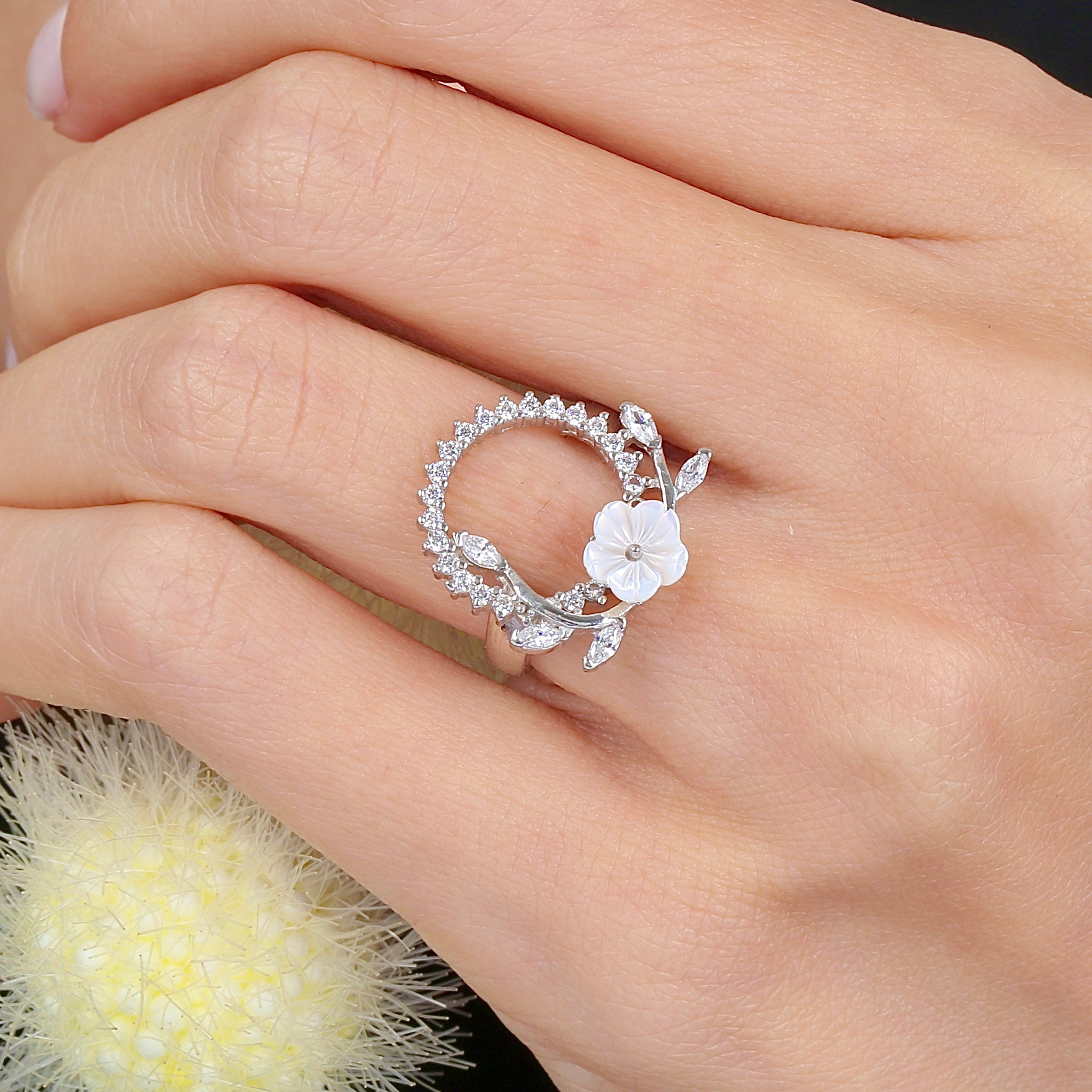 Magnolia Crown CZ 925K Sterling Silver Ring - Etossimo Jewelry