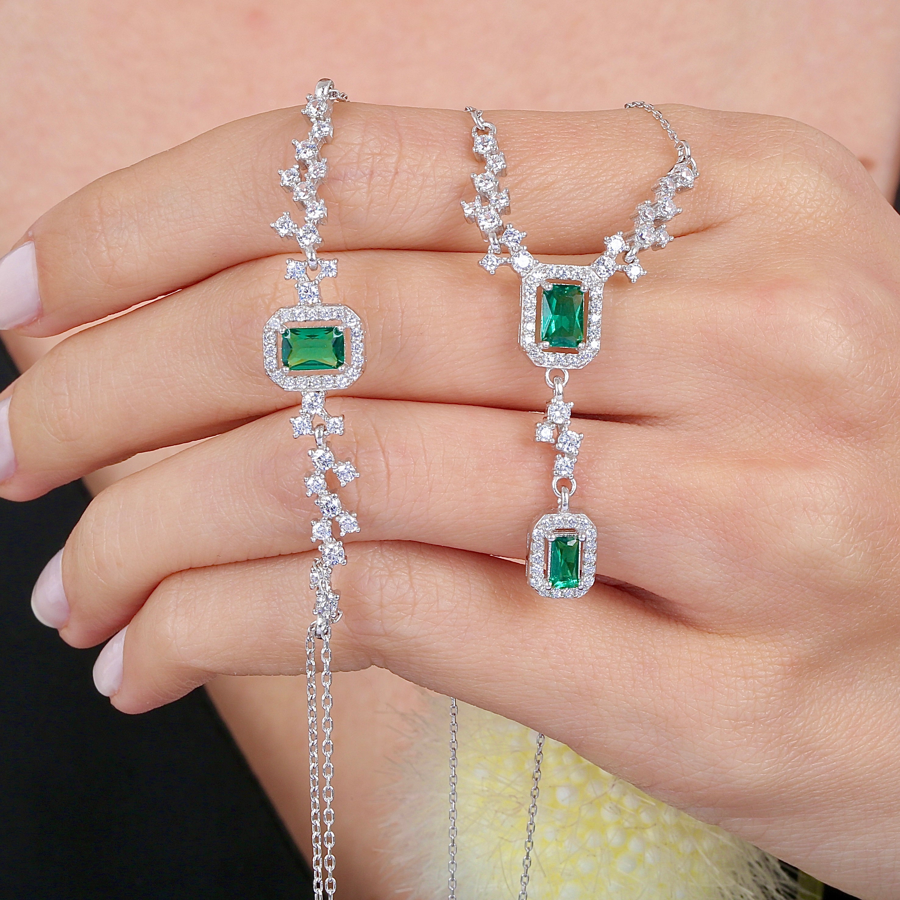 Royal Emerald Color Glow CZ 925K Sterling Silver Set - Etossimo Jewelry