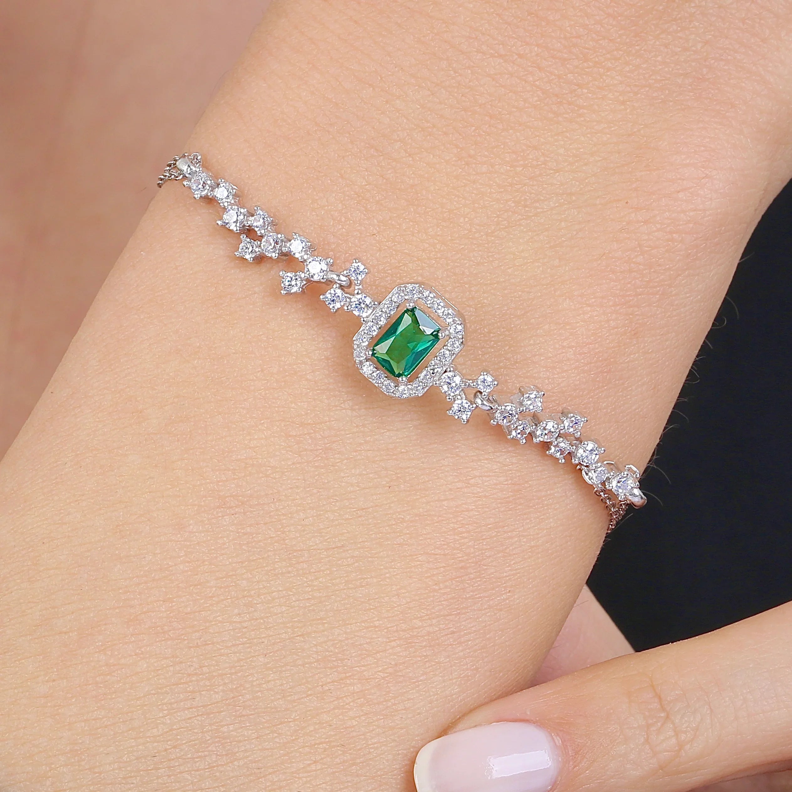 Royal Emerald Color Glow CZ 925K Sterling Silver Bracelet - Etossimo Jewelry