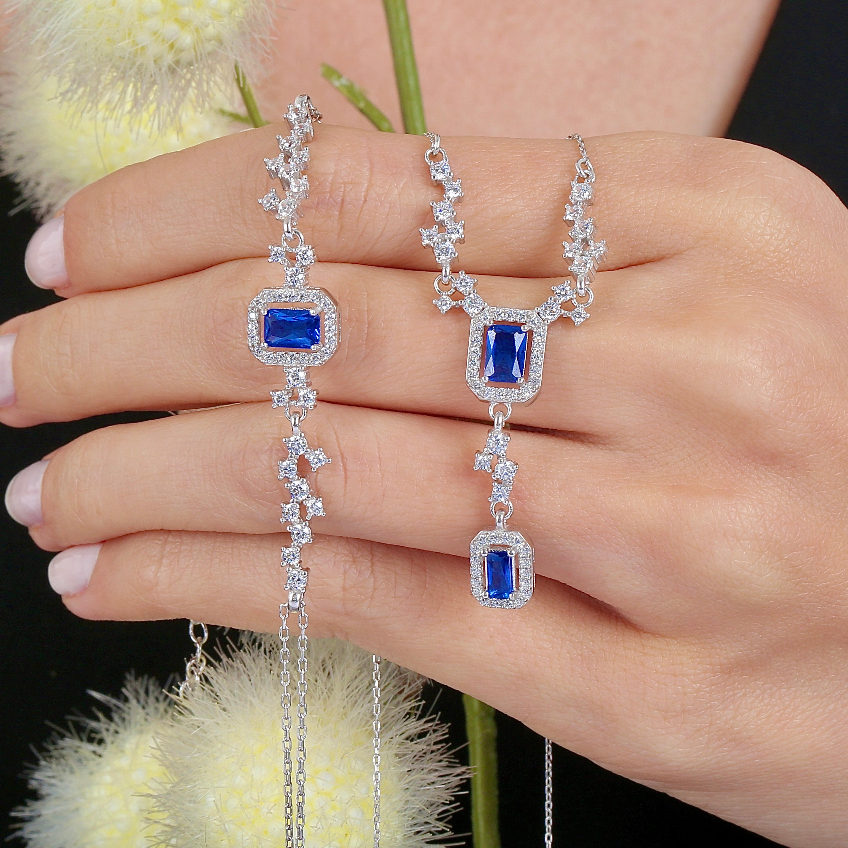 Royal Sapphire Color Glow CZ 925K Sterling Silver Set - Etossimo Jewelry