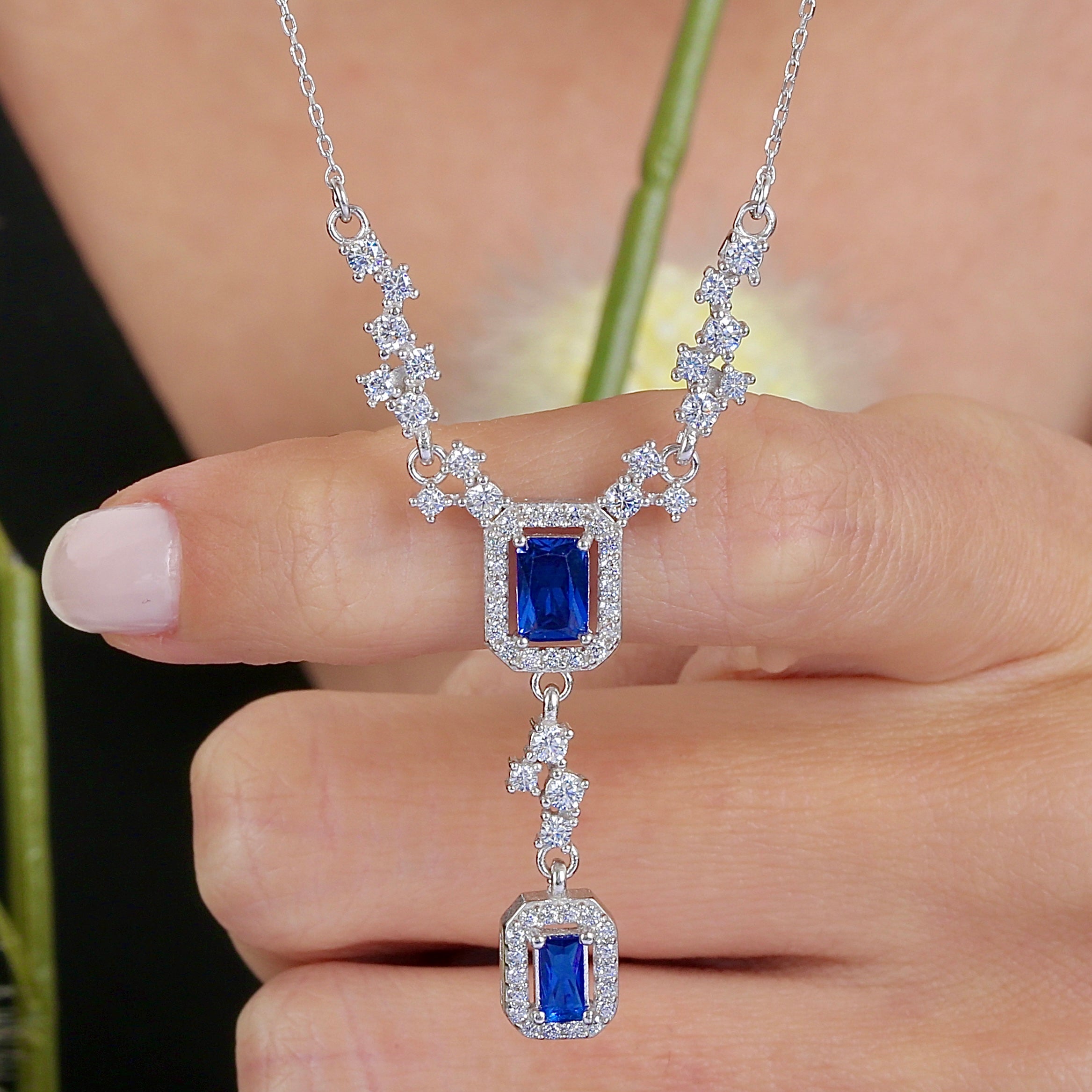 Royal Sapphire Color Glow CZ 925K Sterling Silver Necklace - Etossimo Jewelry