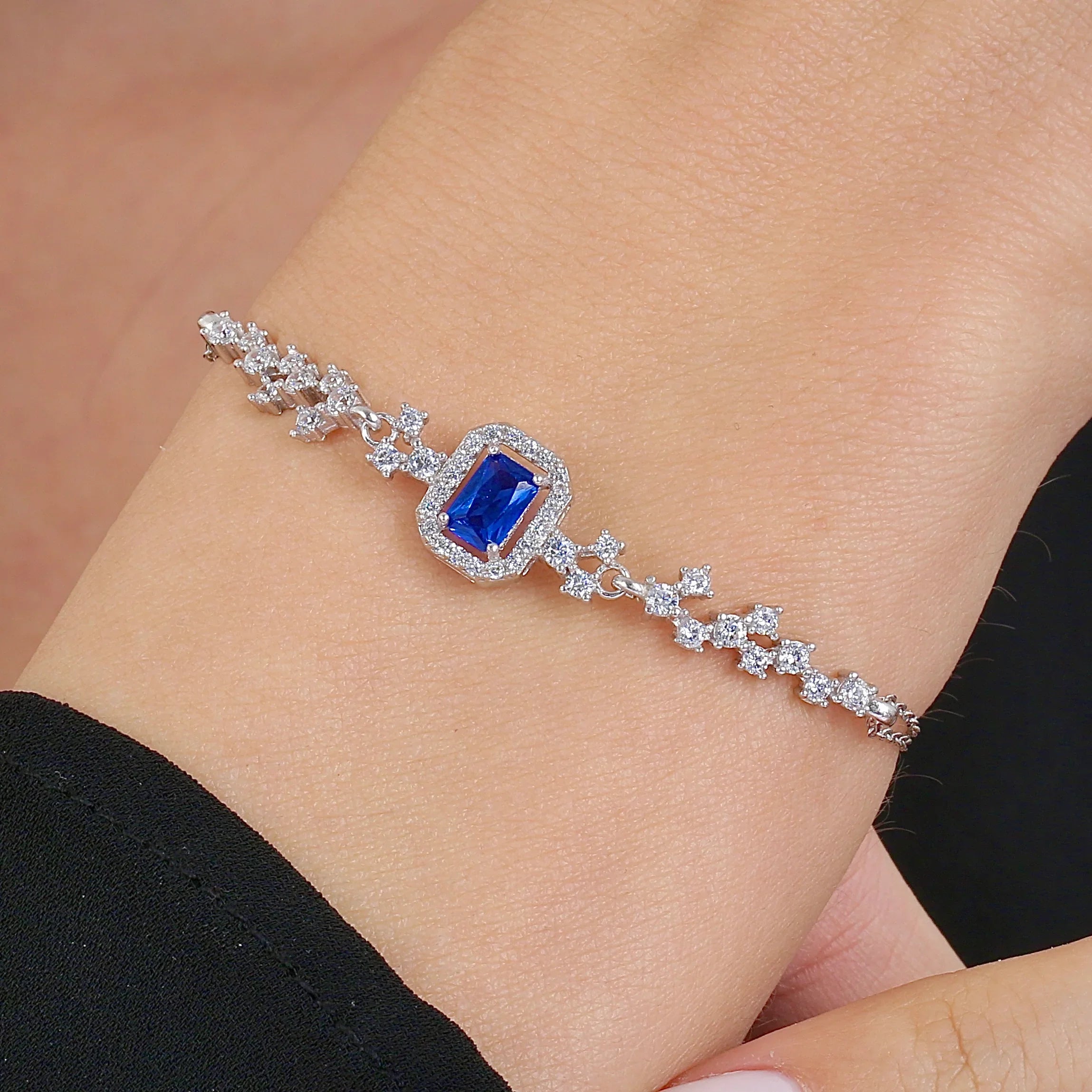 Royal Sapphire Color Glow CZ 925K Sterling Silver Bracelet - Etossimo Jewelry