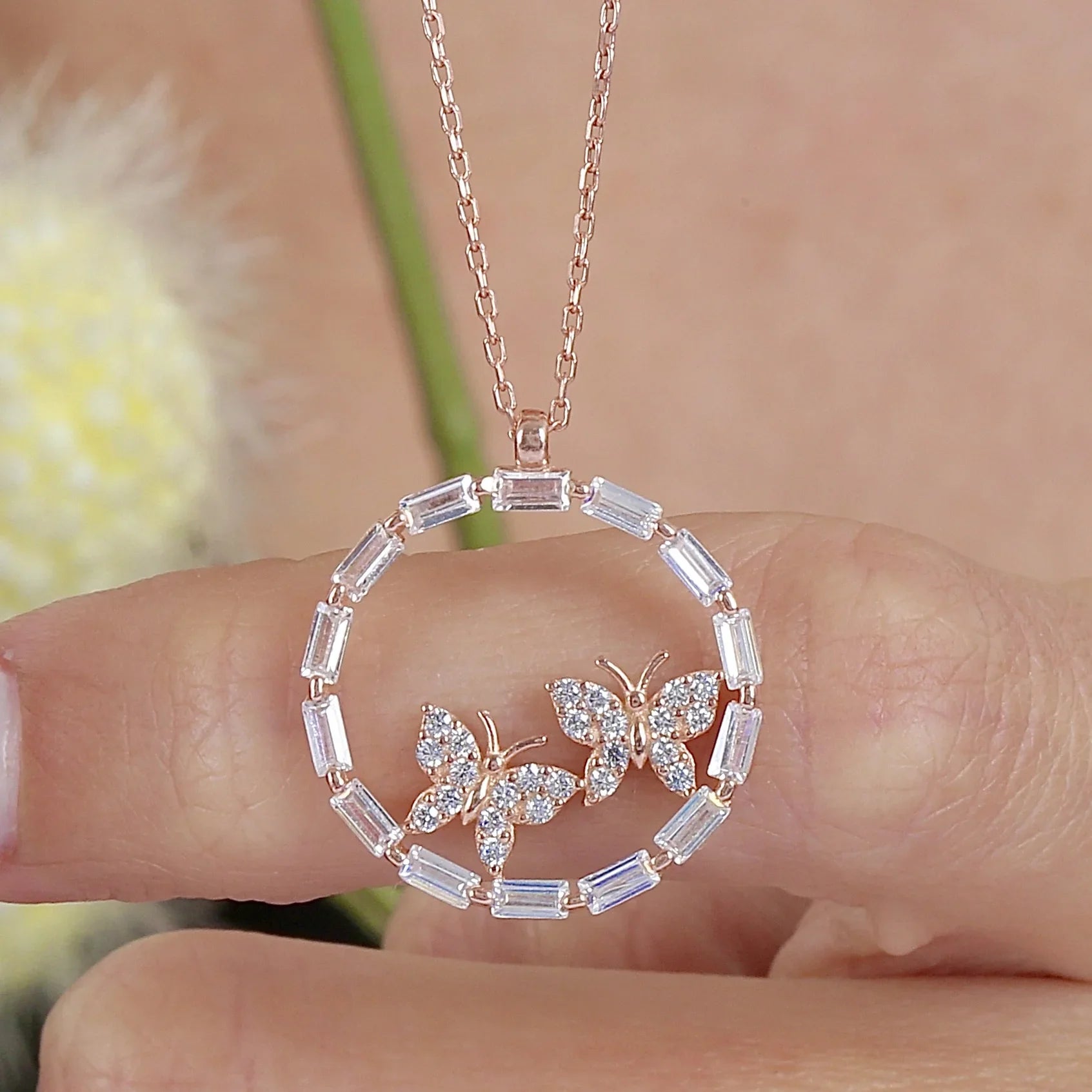 Lustrous Baguette Butterfly Orbit CZ Rose Gold 925K Sterling Silver Necklace - Etossimo Jewelry