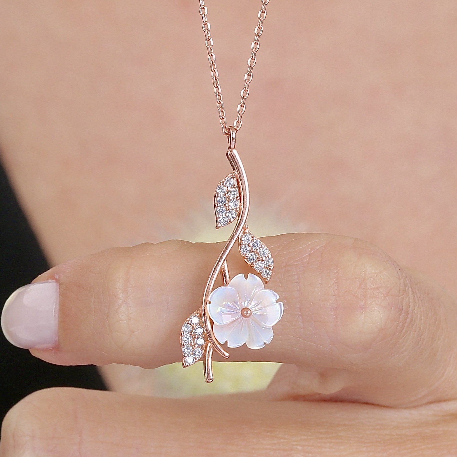 Glowing Magnolia Bloom Vine CZ Rose Gold 925K Sterling Silver Necklace - Etossimo Jewelry