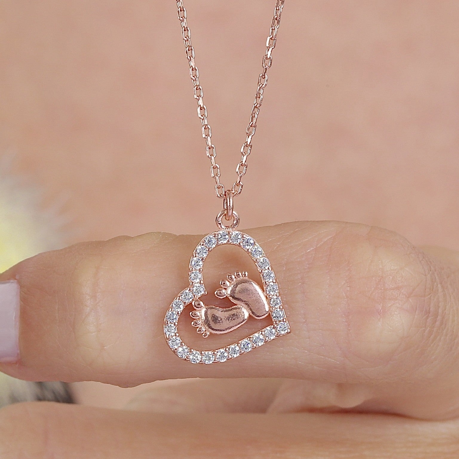 Shimmering Heart Talisman Tiny Toes CZ Rose Gold 925K Sterling Silver Necklace - Etossimo Jewelry
