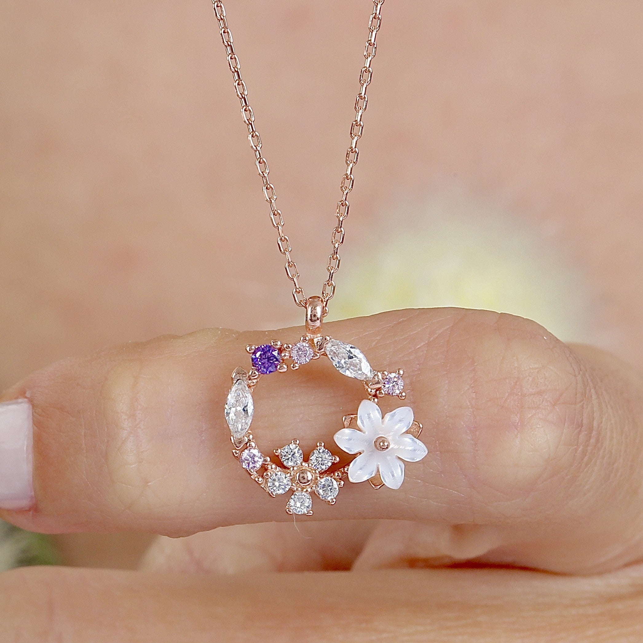 Magnolia Flowers Multicolor Harmony CZ Rose Gold 925K Sterling Silver Necklace - Etossimo Jewelry