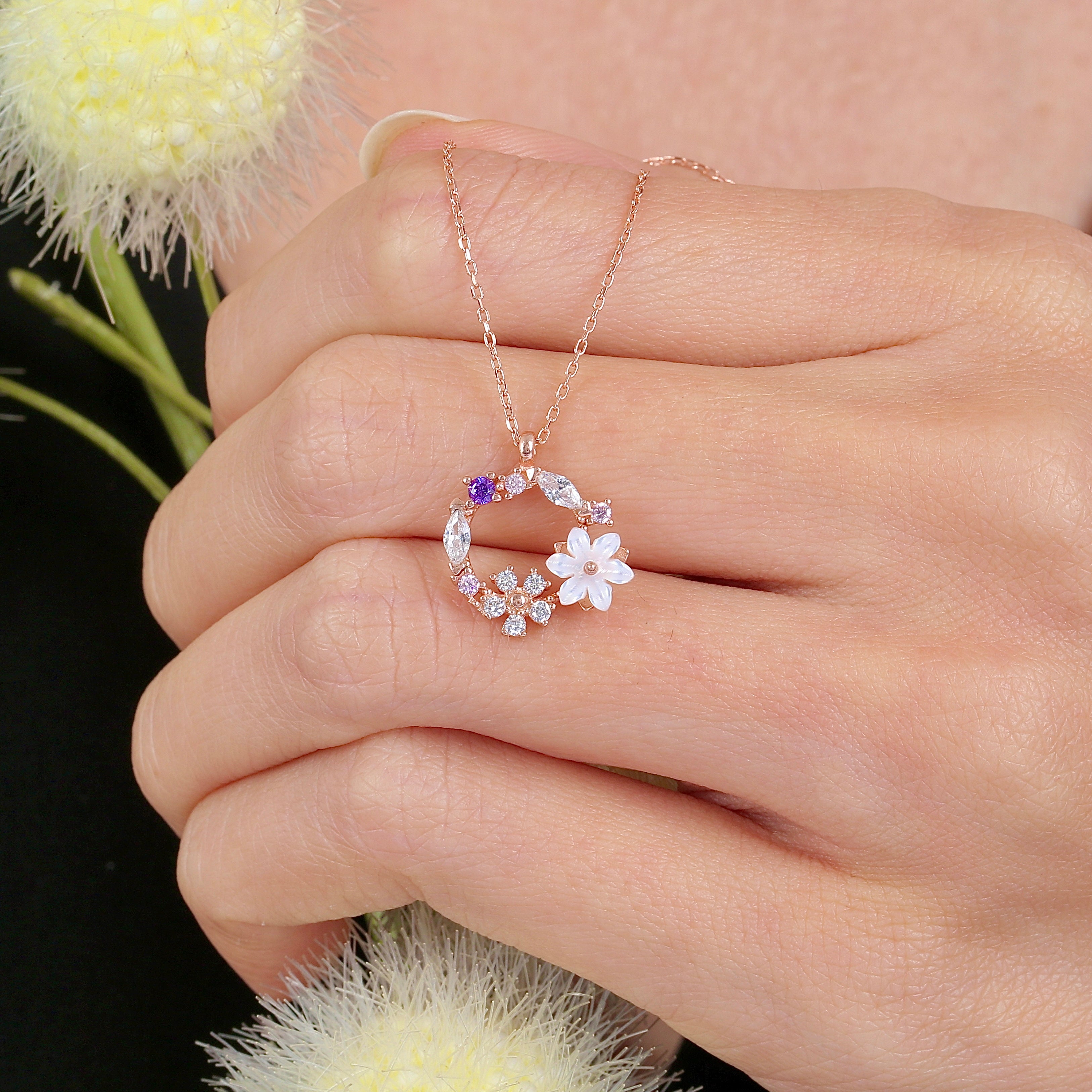 Magnolia Flowers Multicolor Harmony CZ Rose Gold 925K Sterling Silver Necklace - Etossimo Jewelry