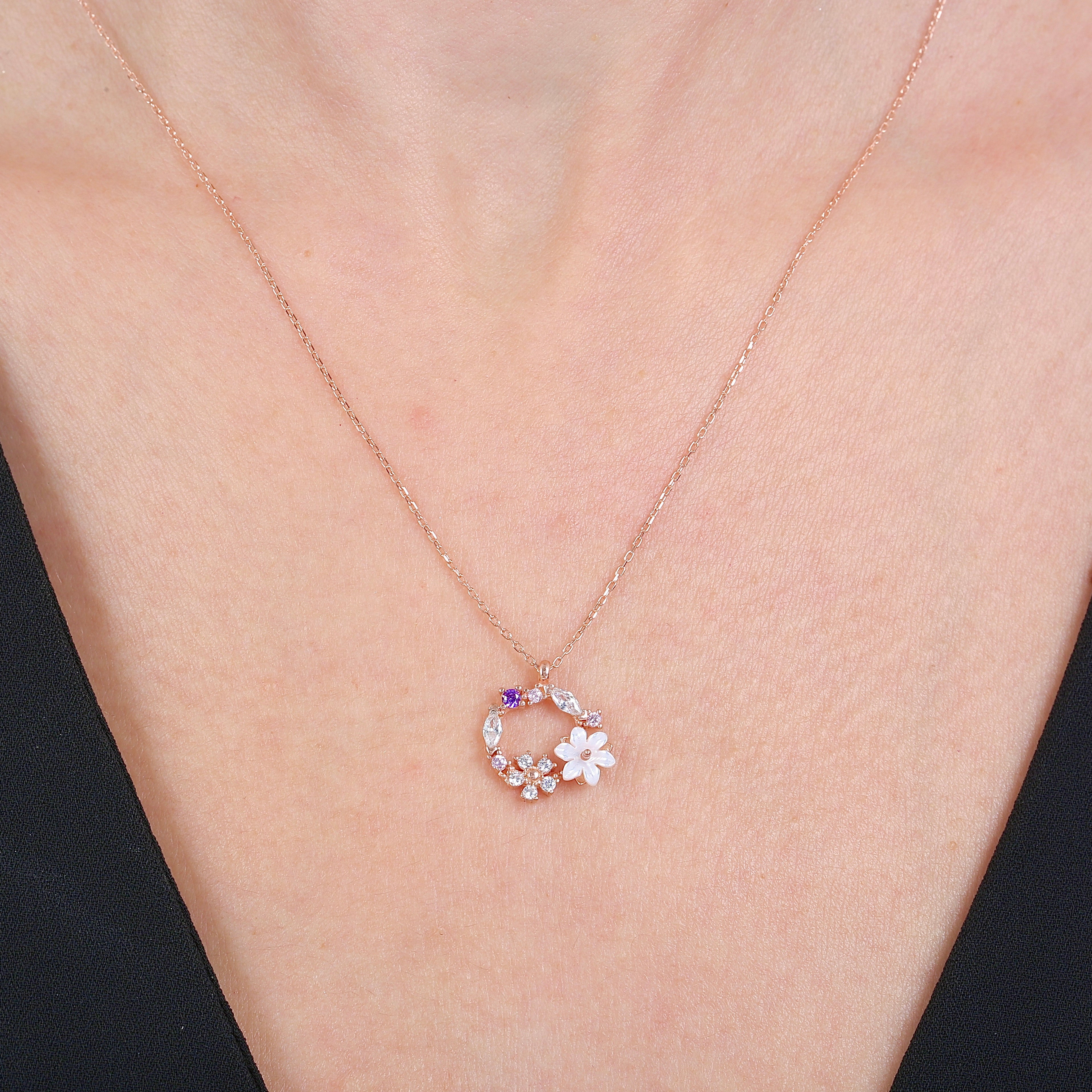 Magnolia Flowers Multicolor Harmony CZ Rose Gold 925K Sterling Silver Necklace - Etossimo Jewelry