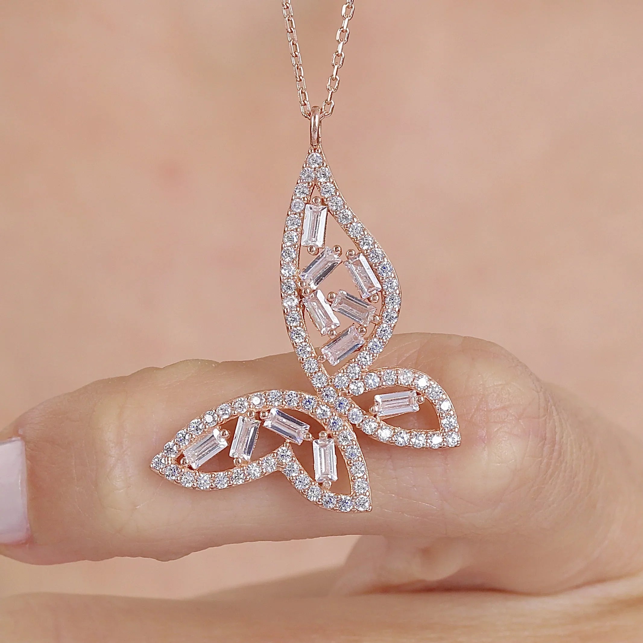 Elegance Baguette Butterfly CZ Rose Gold 925K Sterling Silver Necklace - Etossimo Jewelry