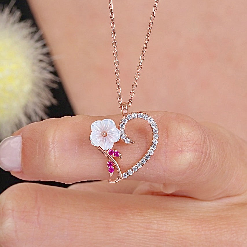 Magnolia Bloom Heart Melody CZ Rose Gold 925K Sterling Silver Necklace - Etossimo Jewelry
