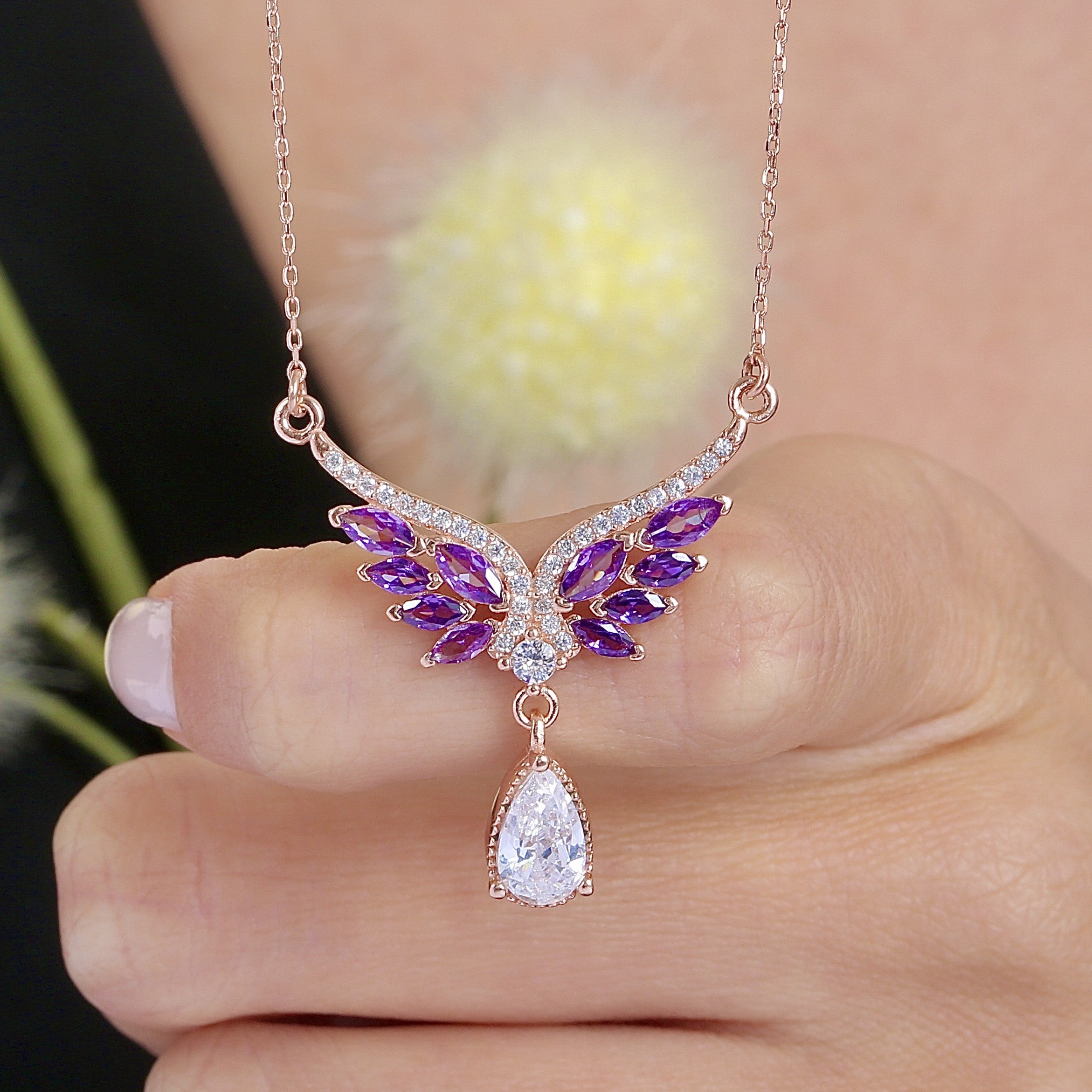 Radiant Amethyst Color Angel Wings CZ Rose Gold 925K Sterling Silver - Etossimo Jewelry