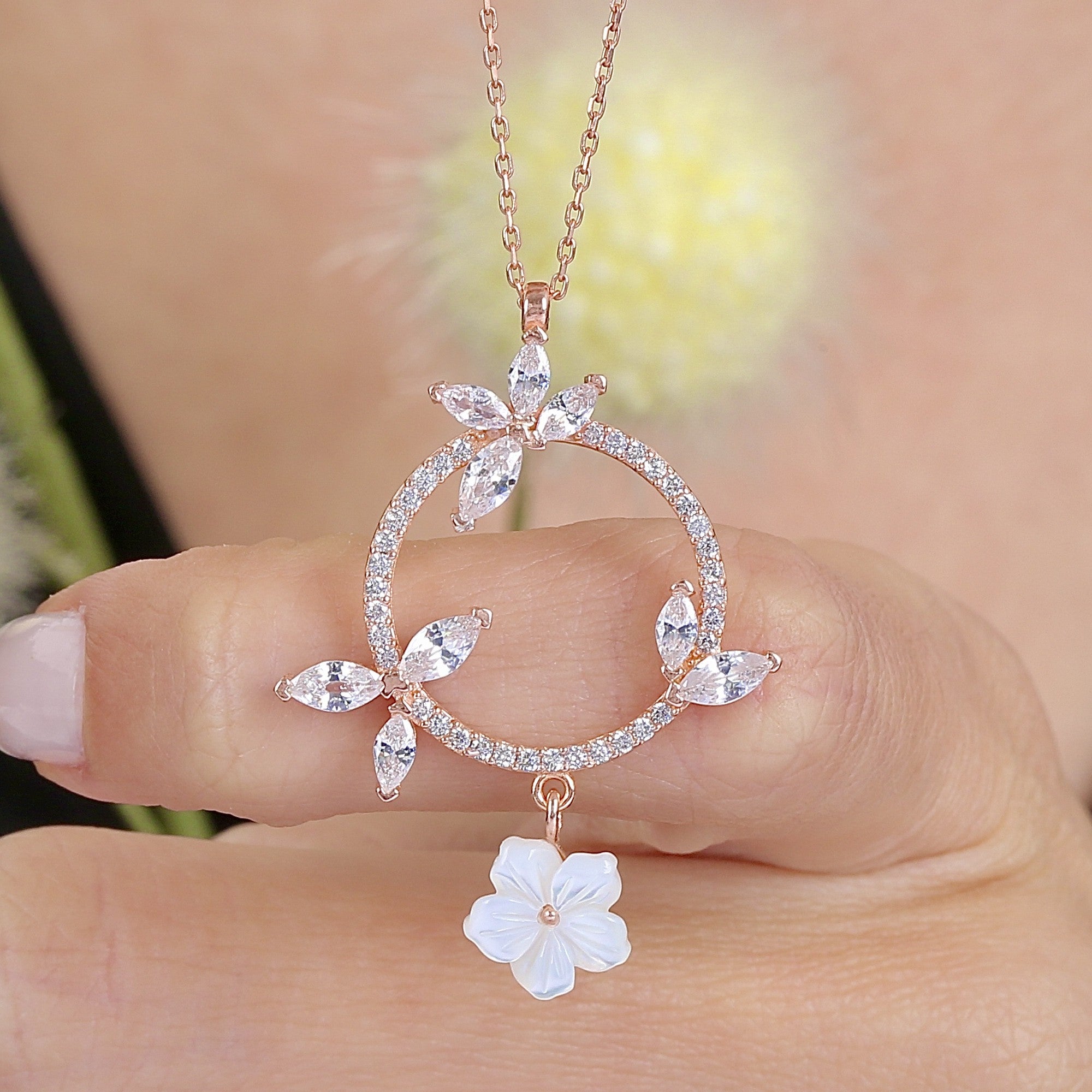 Marquise Symphony Bloom Orbit CZ Rose Gold 925K Sterling Silver Necklace - Etossimo Jewelry