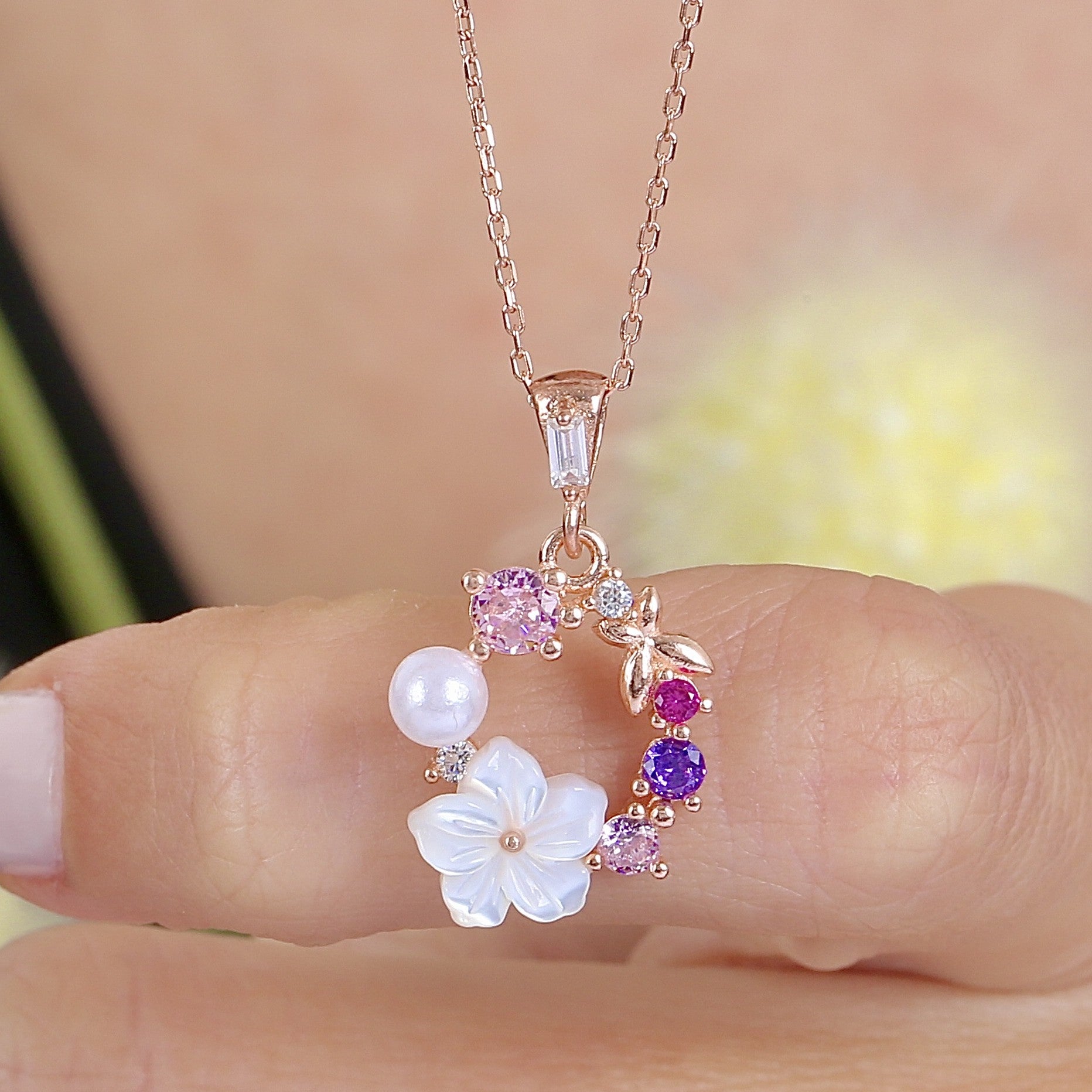 Magnolia Crown with Pearl CZ Rose Gold 925K Sterling Silver Necklace - Etossimo Jewelry