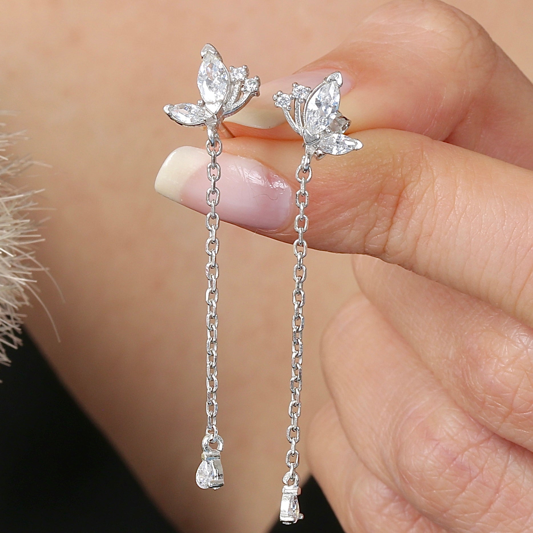 Butterfly Flutter Drop Dangles CZ 925K Sterling Silver Earrings - Etossimo Jewelry