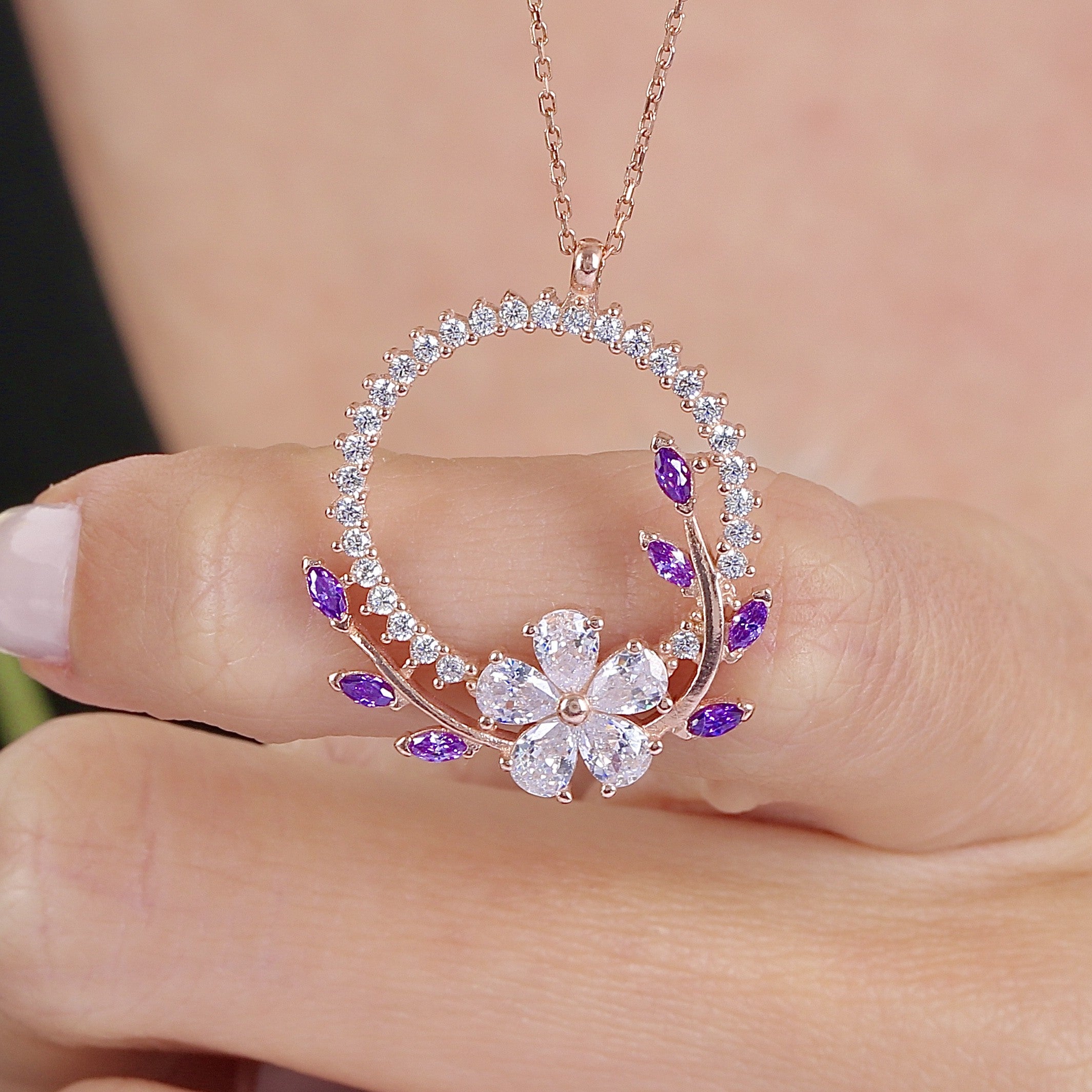 Plumeria Amethyst Color Crown CZ Rose Gold 925K Sterling Silver Necklace - Etossimo Jewelry