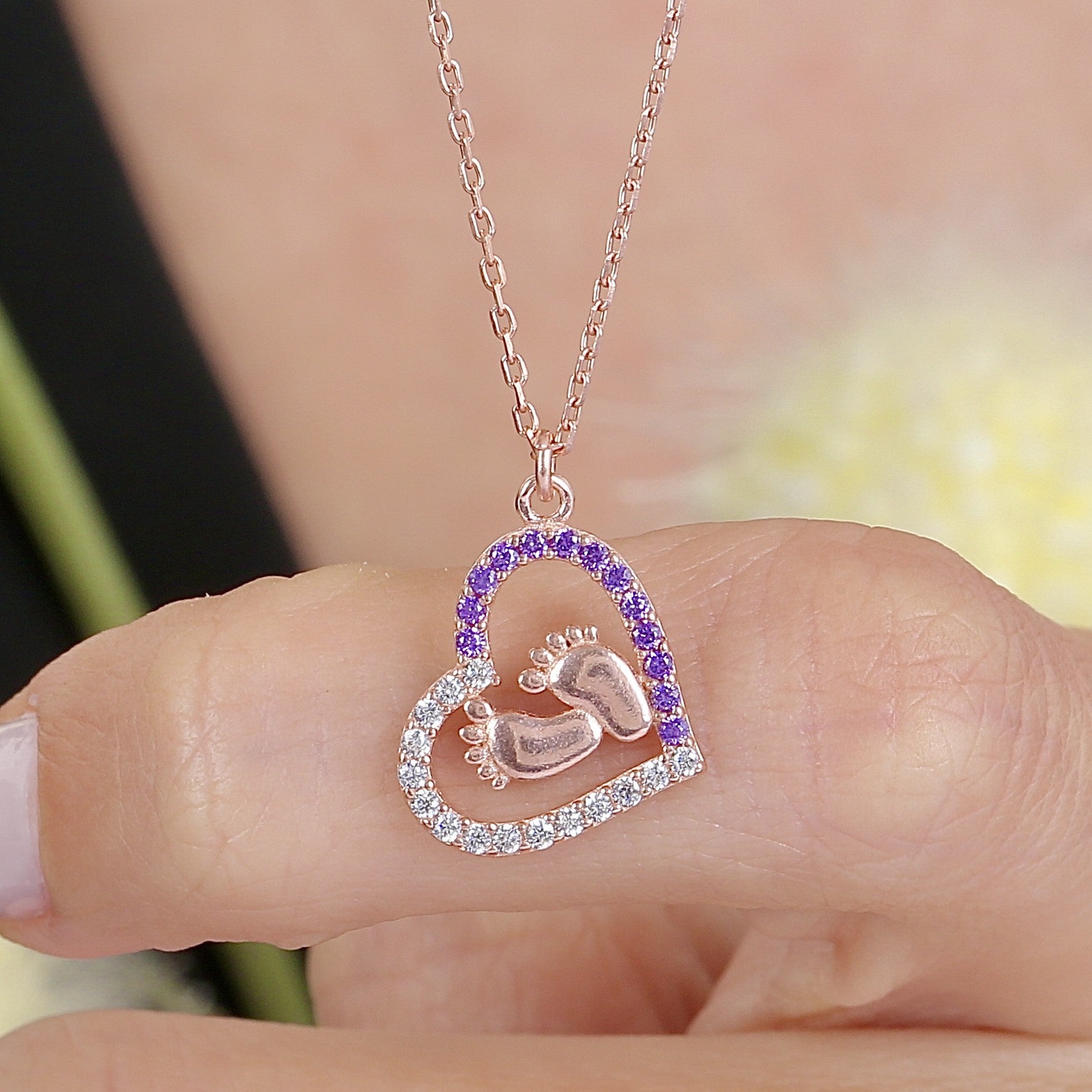 Shimmering Heart Talisman Tiny Toes MultiColor CZ Rose Gold 925K Sterling Silver Necklace - Etossimo Jewelry