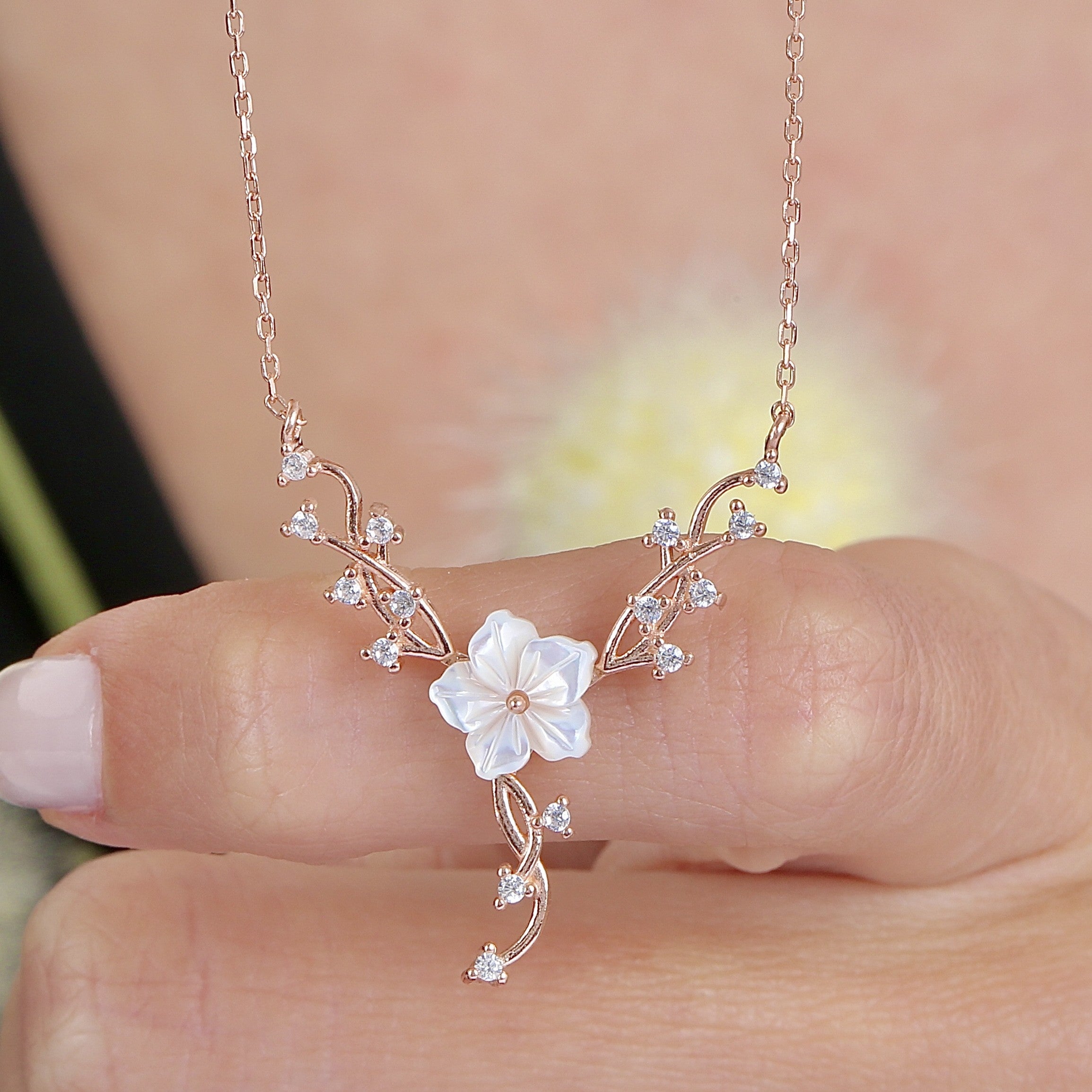 Lustrous Magnolia Whispers CZ Rose Gold 925K Sterling Silver Necklace - Etossimo Jewelry