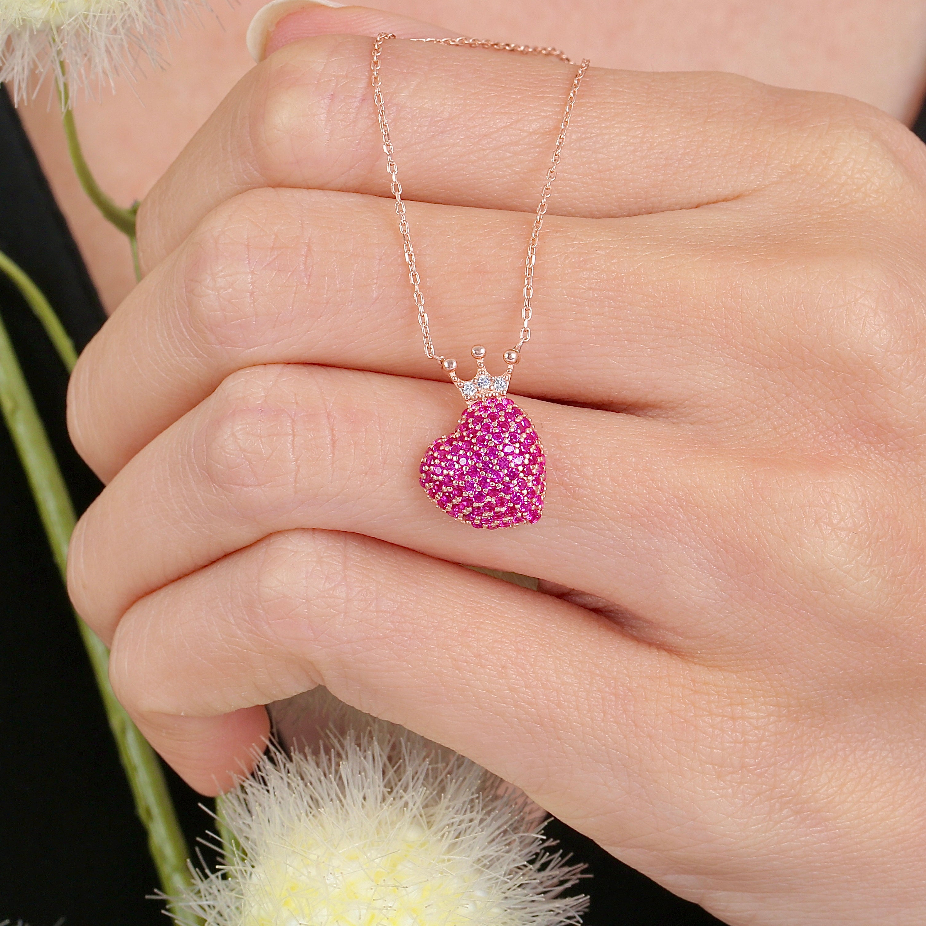 Queen’s Fuchsia Heart CZ Rose Gold 925K Sterling Silver Necklace - Etossimo Jewelry
