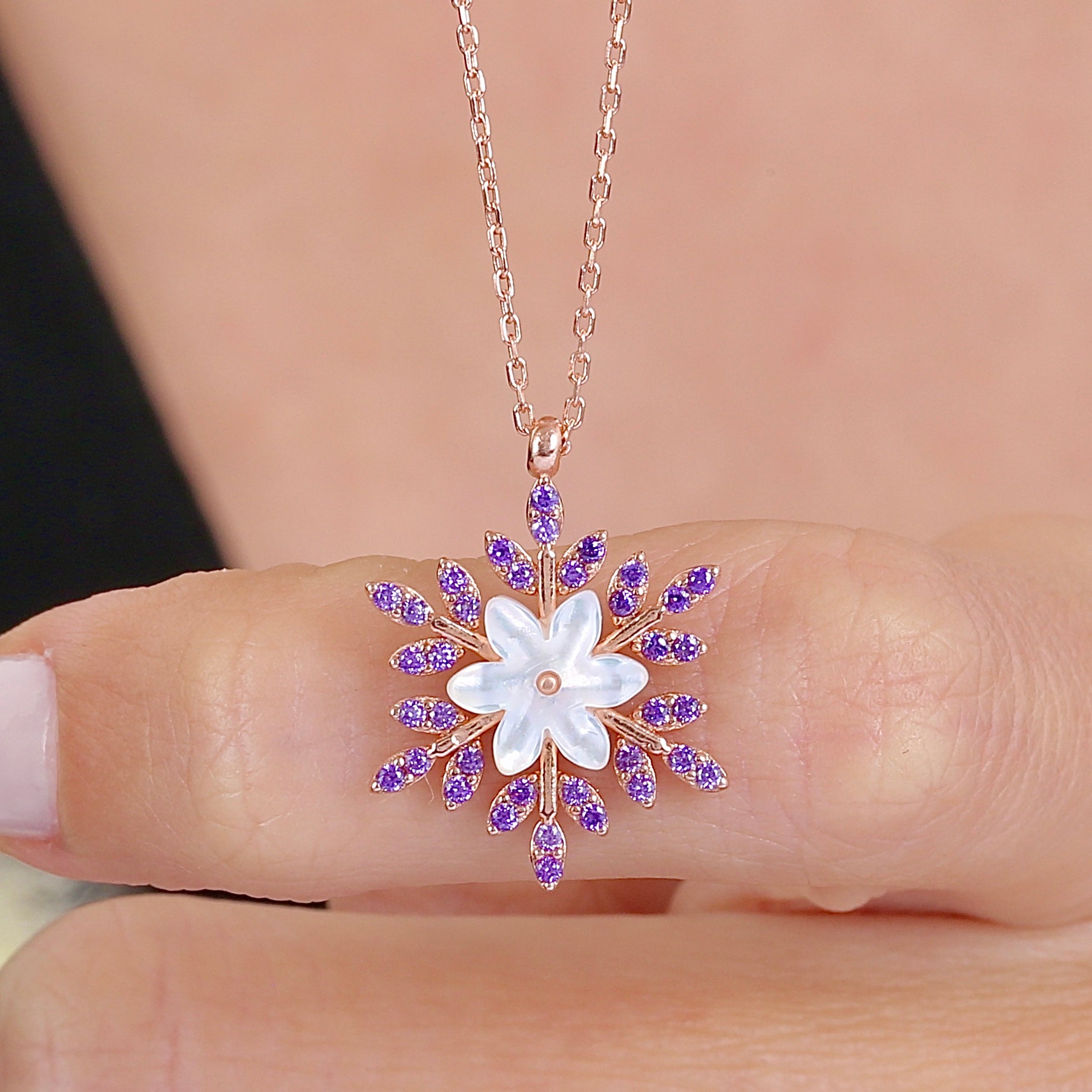 Amethyst Color Snow Bloom CZ Rose Gold 925K Sterling Silver Necklace - Etossimo Jewelry