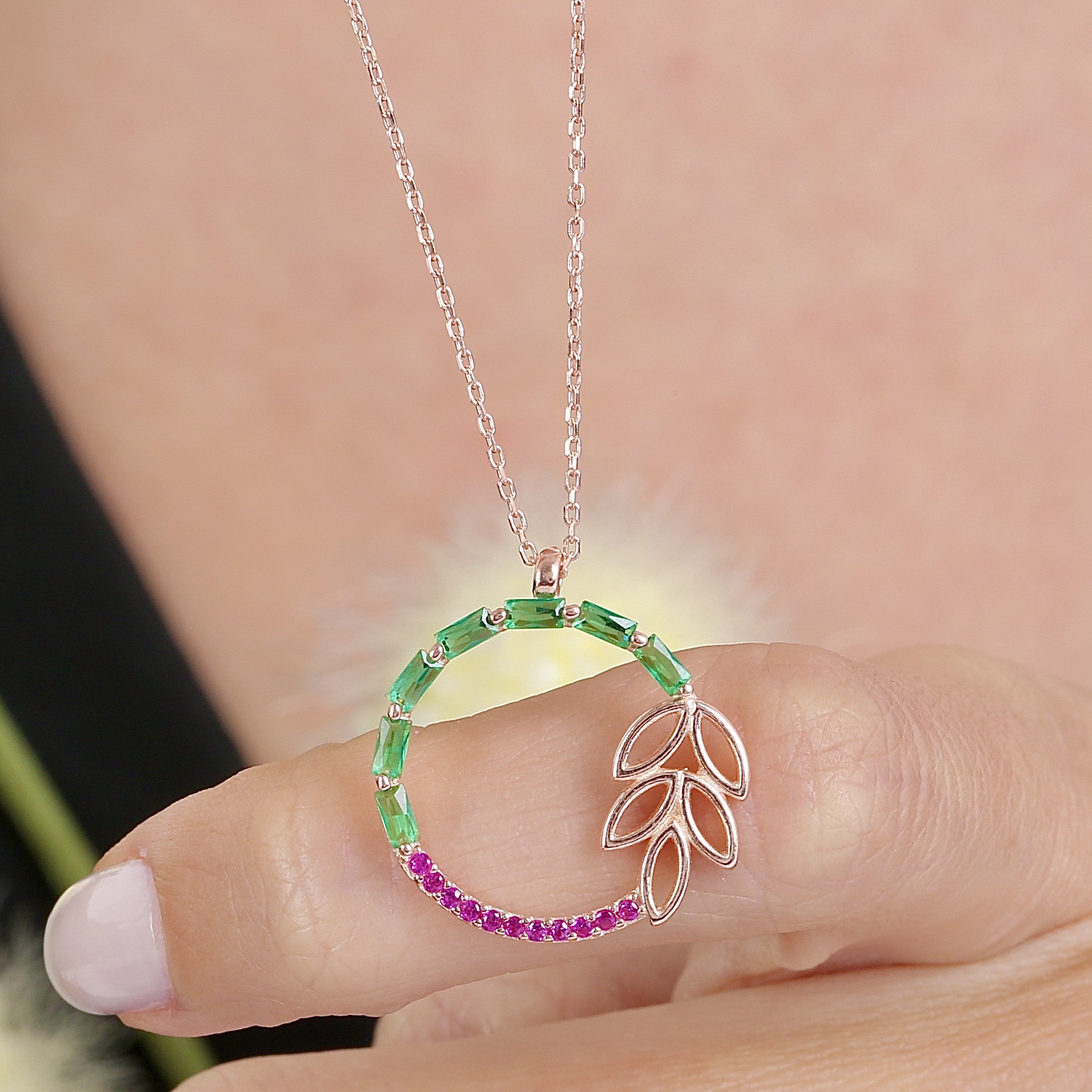 Fuchsia Laurel Leaf with Green Gem CZ Rose Gold 925K Sterling Silver Necklace - Etossimo Jewelry