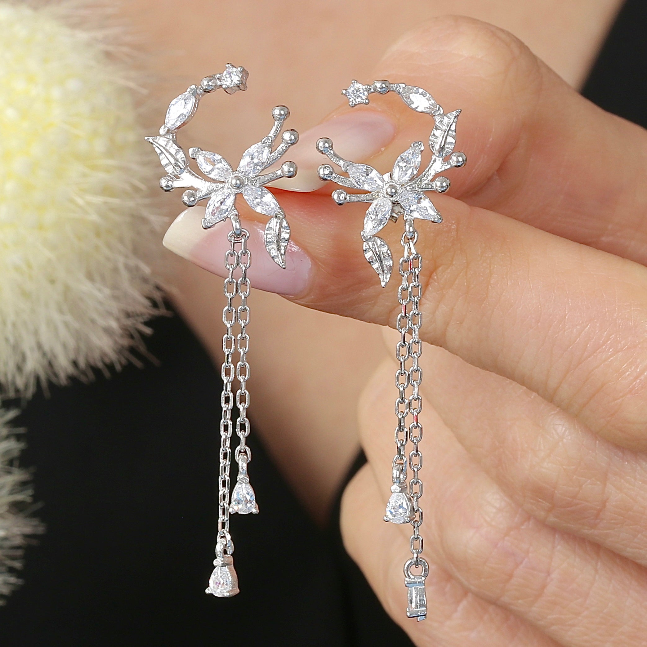 Celestial Moon Flower Drop Dangles CZ 925K Sterling Silver Earrings - Etossimo Jewelry