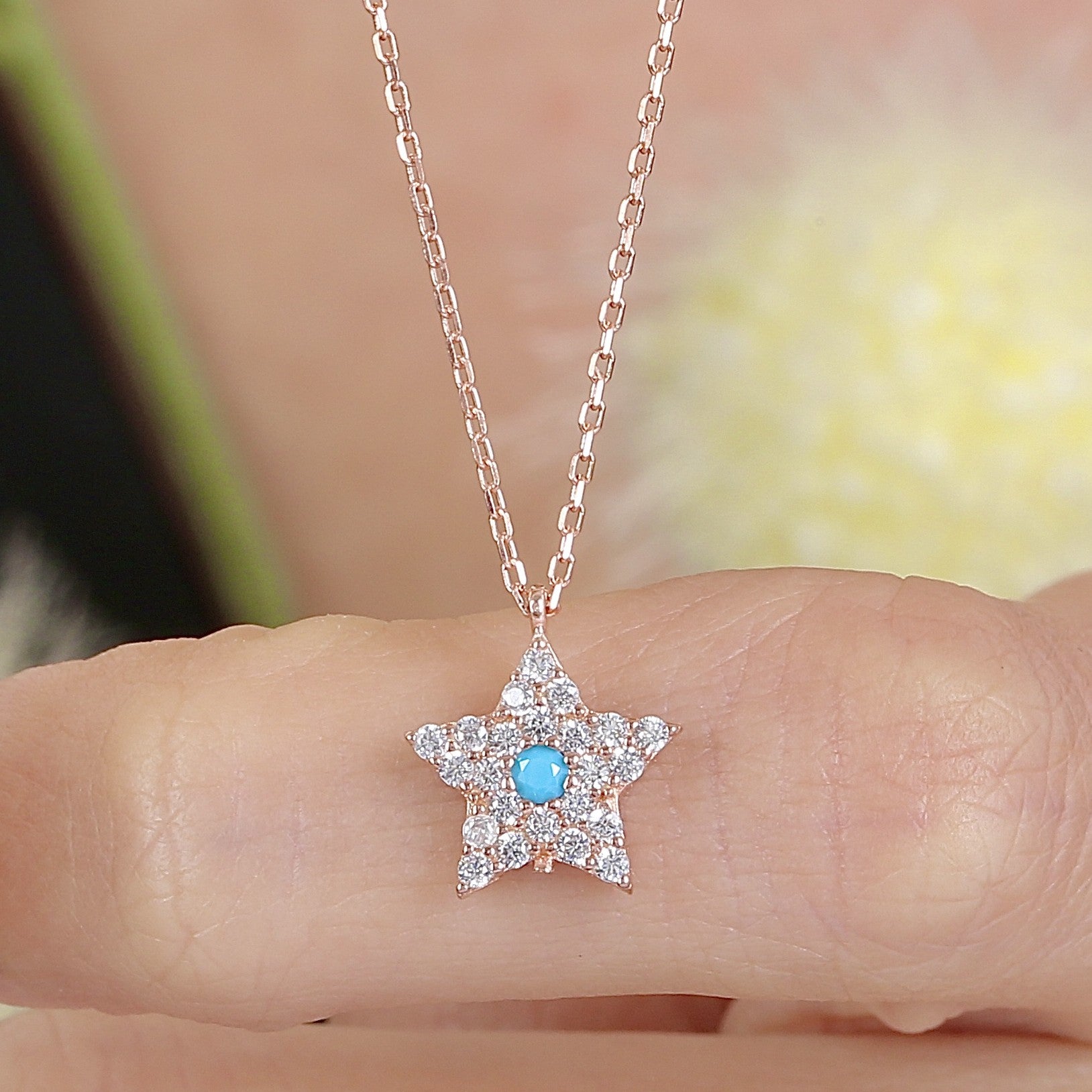 Celestial Star with Turquoise Gem CZ Rose Gold 925K Sterling Silver Necklace - Etossimo Jewelry