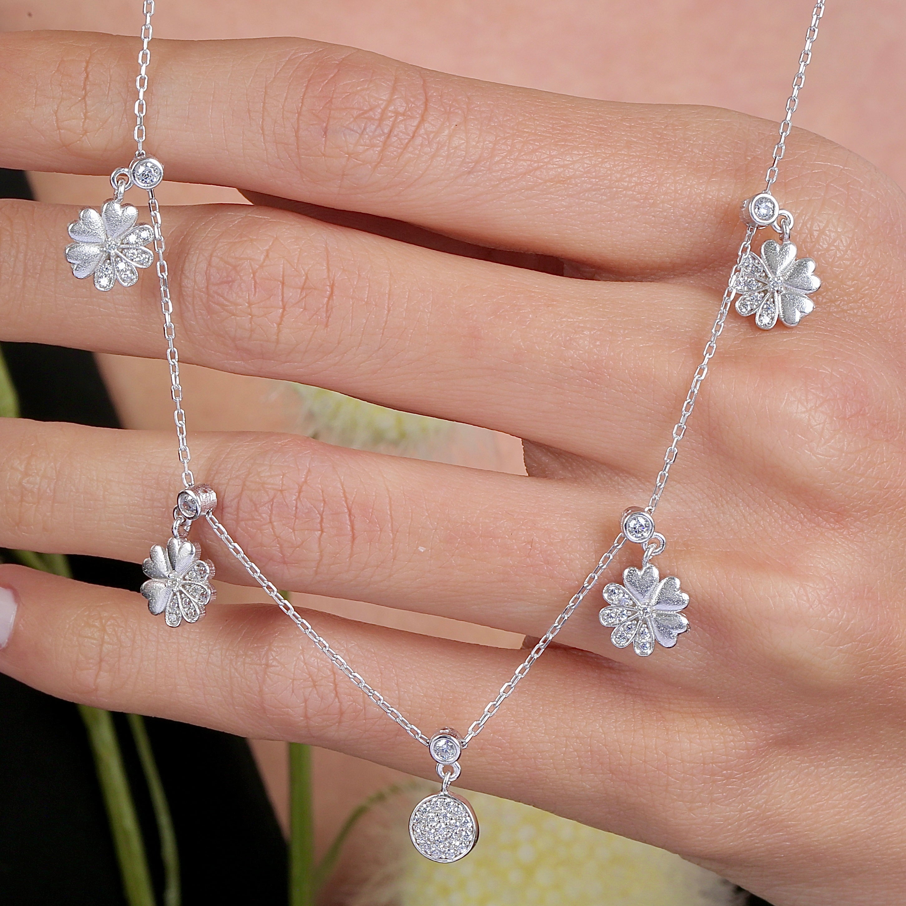 Harmonic Elements Botanical Radiance Floral CZ 925K Sterling Silver Necklace - Etossimo Jewelry