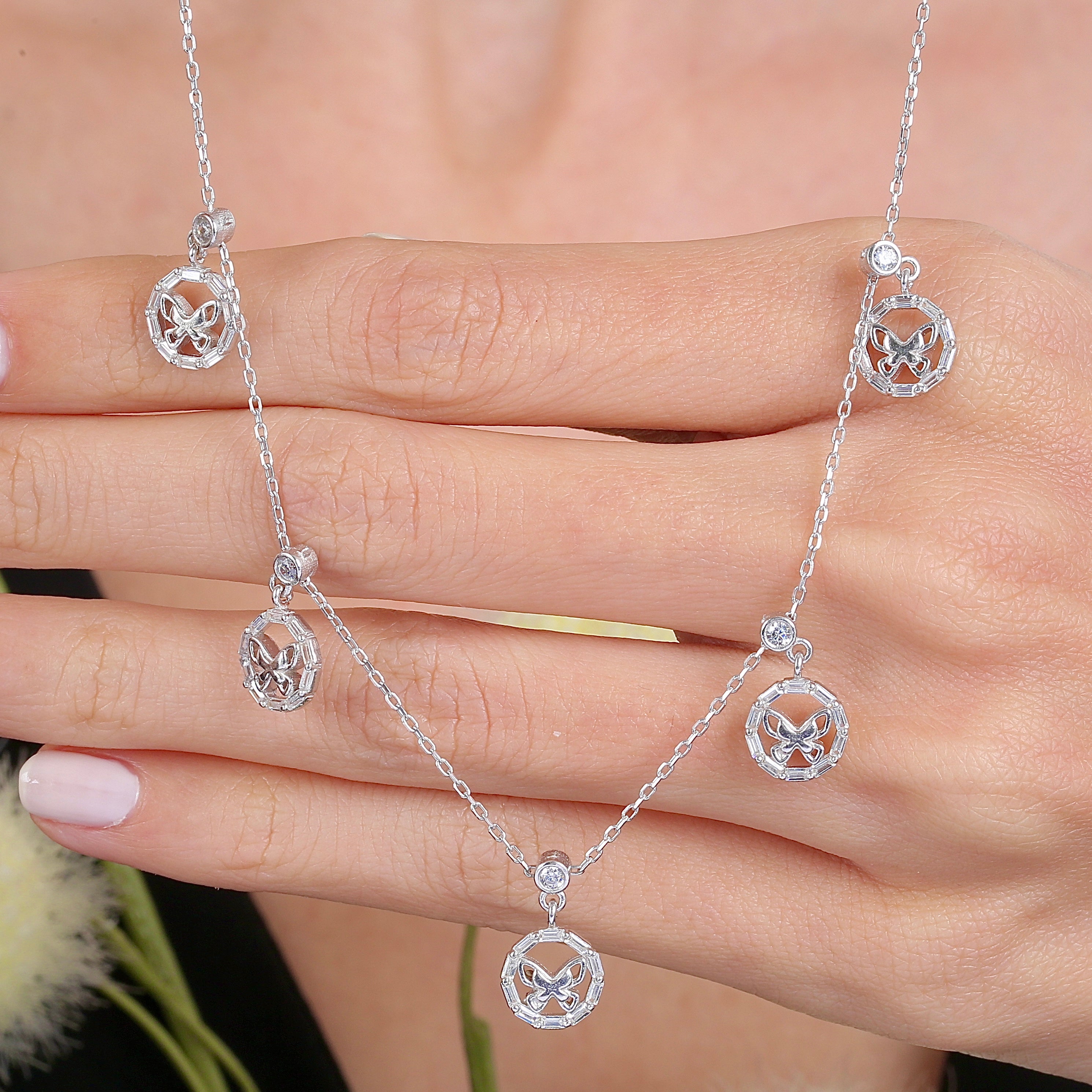 Harmonic Elements Nature’s Grace Butterfly CZ 925K Sterling Silver Necklace - Etossimo Jewelry