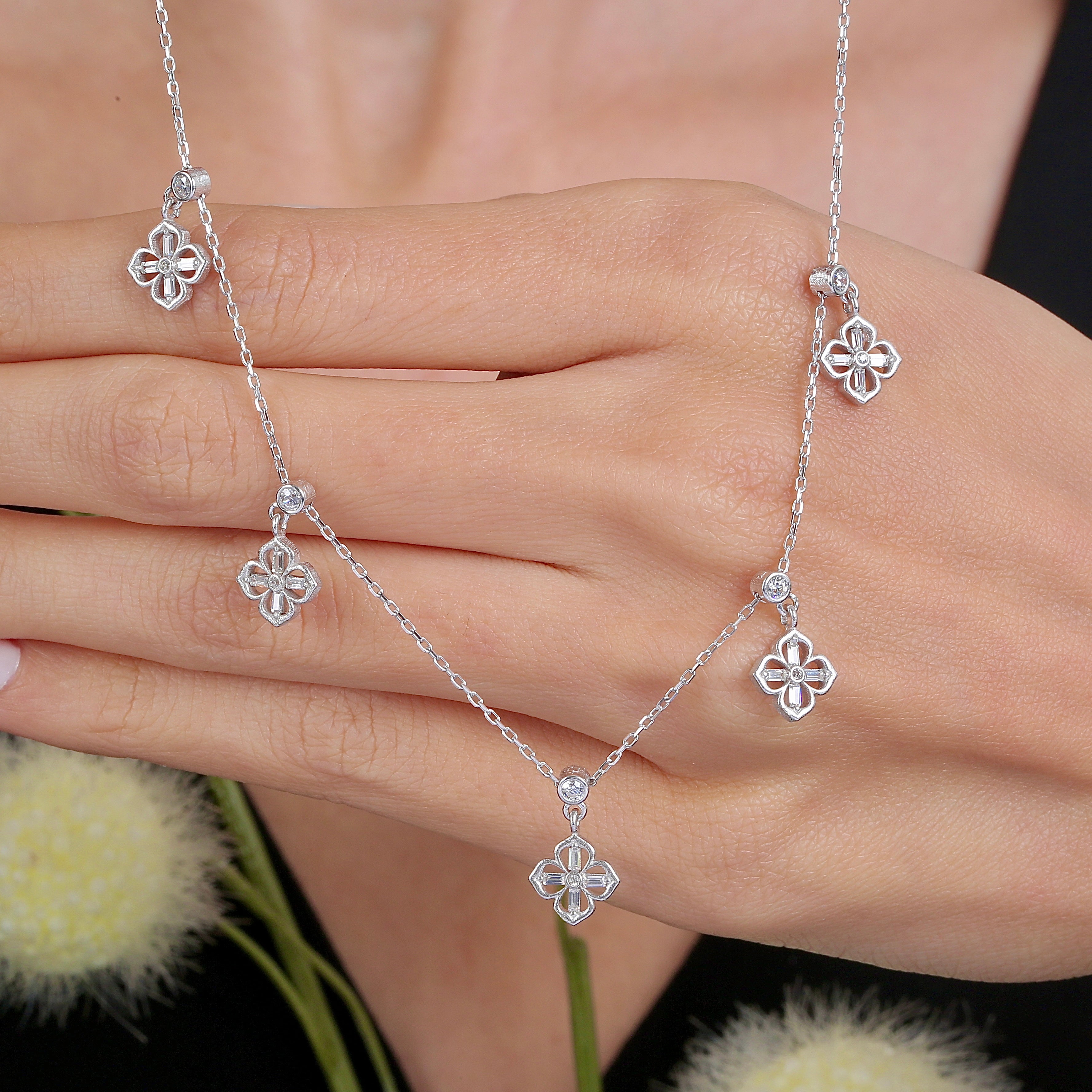 Harmonic Elements Floral Serenade Blossom CZ 925K Sterling Silver Necklace - Etossimo Jewelry