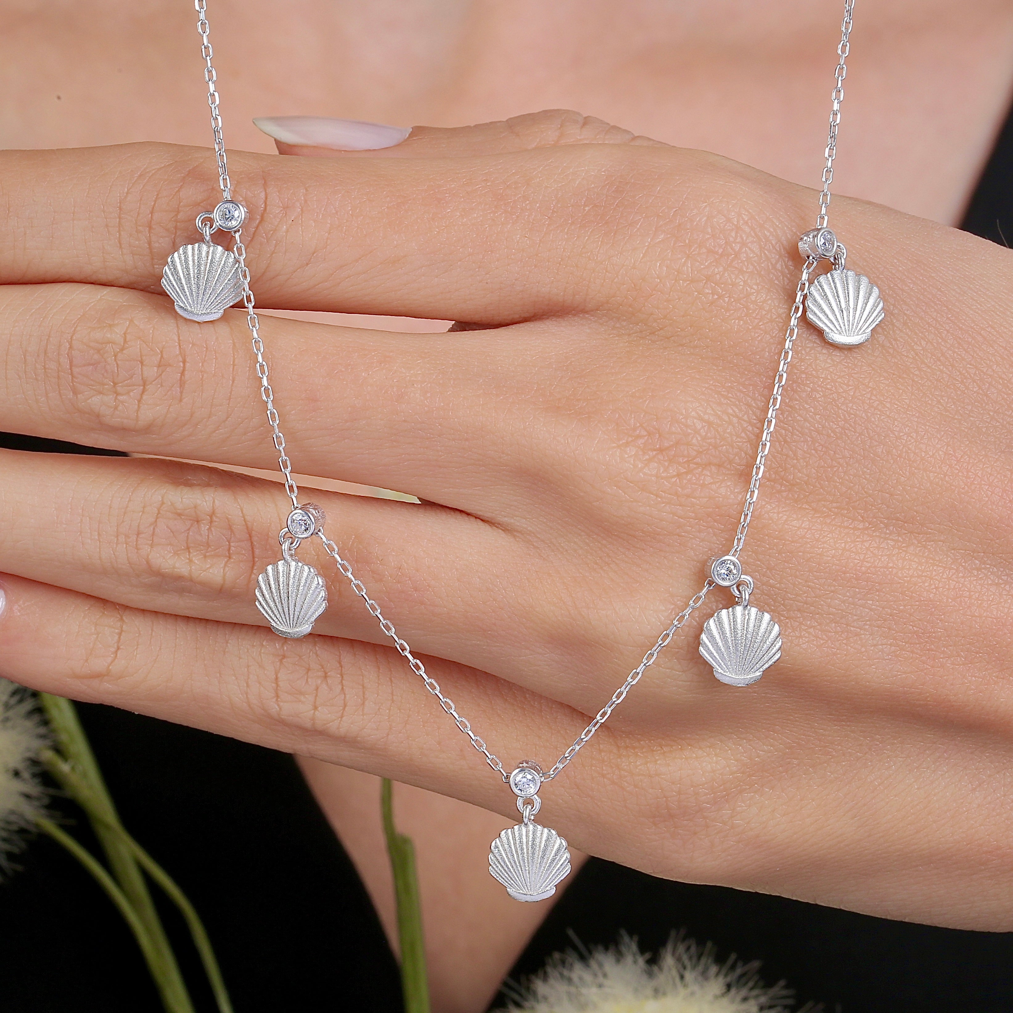 Harmonic Elements Mystic Ocean Shell CZ 925K Sterling Silver Necklace - Etossimo Jewelry