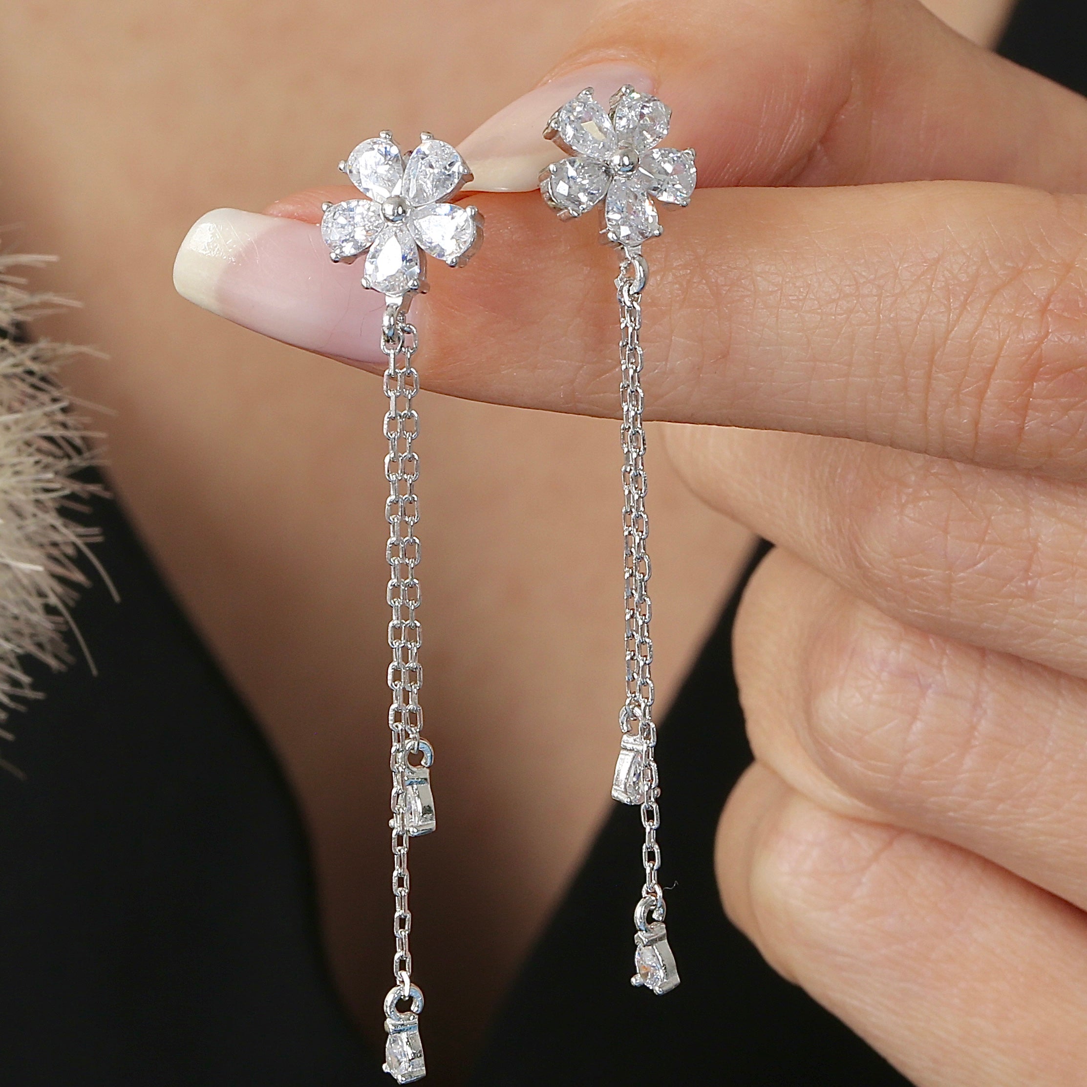 Plumeria Glow Drop Dangles CZ 925K Sterling Silver Earrings - Etossimo Jewelry