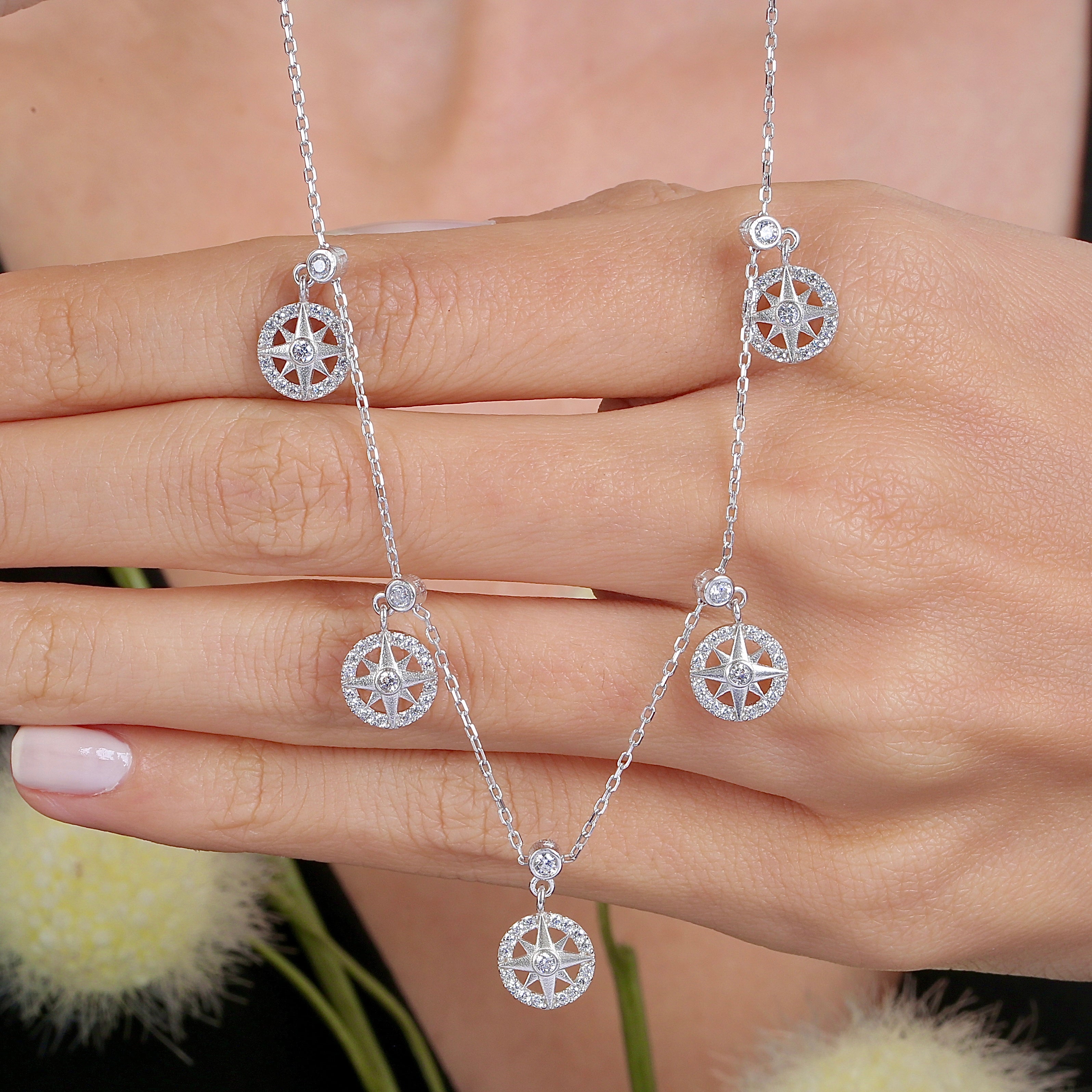 Harmonic Elements Guiding Light Compass CZ 925K Sterling Silver Necklace - Etossimo Jewelry