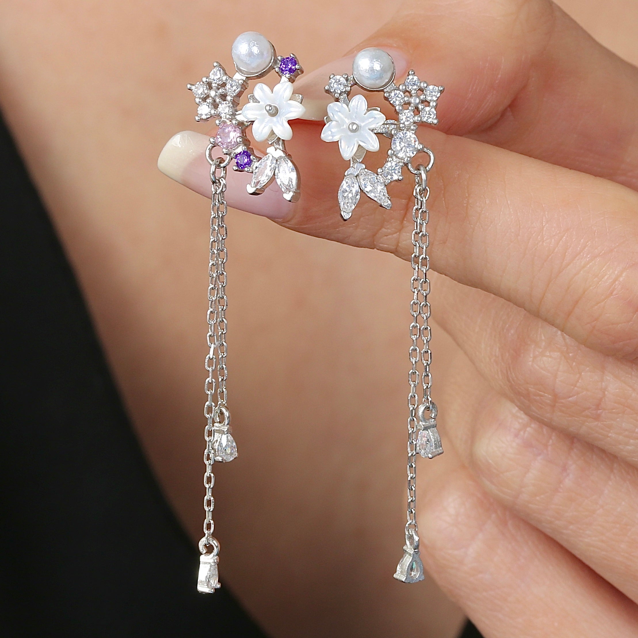 Spring Flowers Drop Dangles CZ 925K Sterling Silver Earrings - Etossimo Jewelry