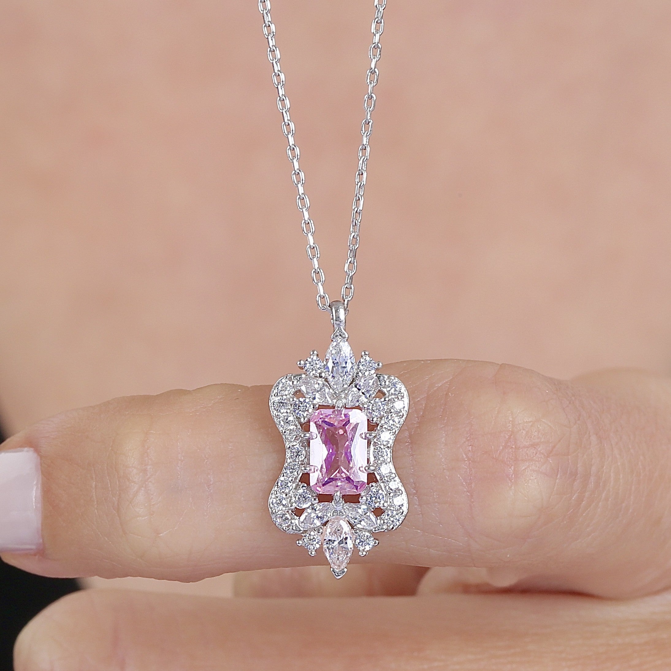 Vintage Sparkling Crest Pink Stone CZ 925K Sterling Silver Necklace - Etossimo Jewelry