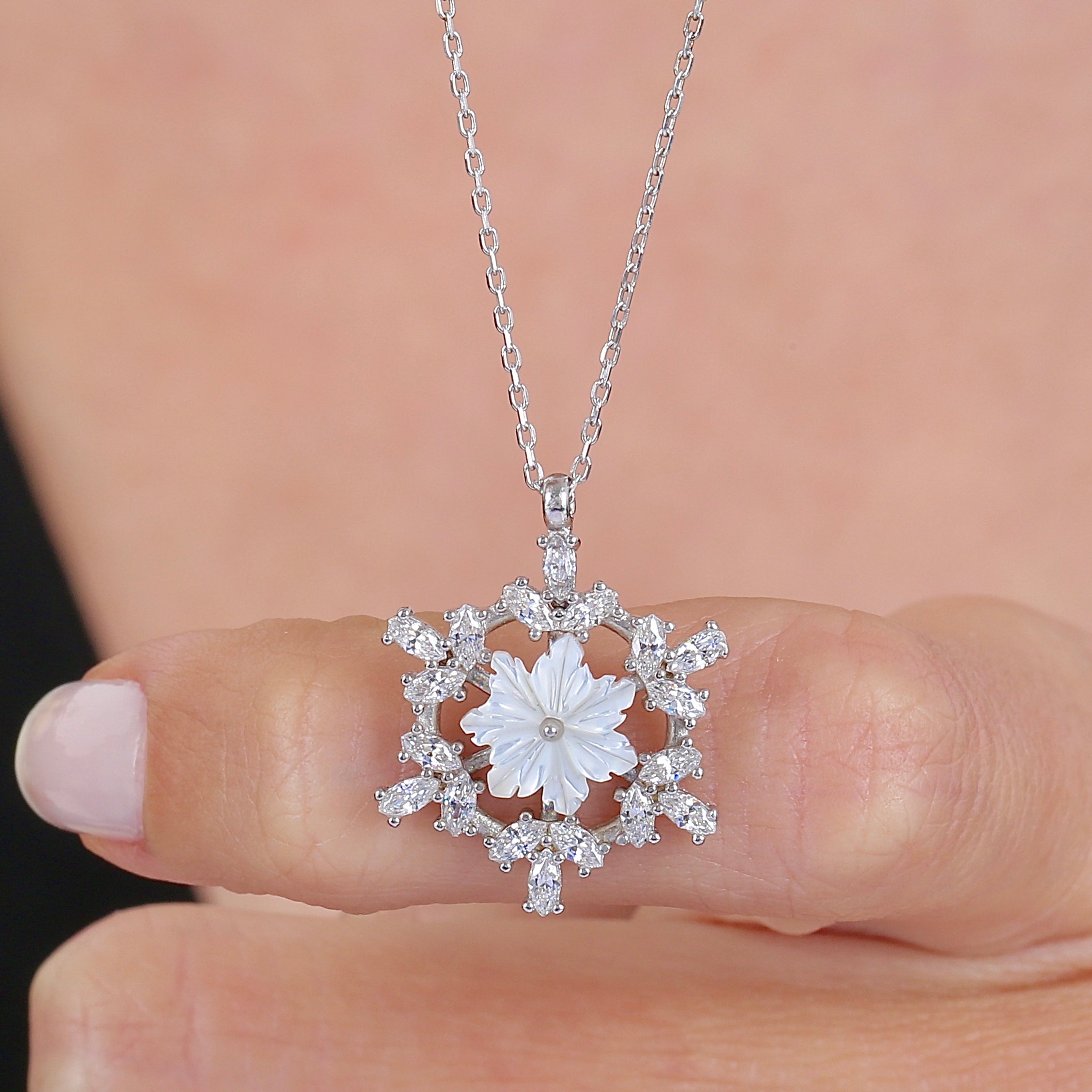 Glacial Snowflower Spark CZ 925K Sterling Silver Necklace - Etossimo Jewelry