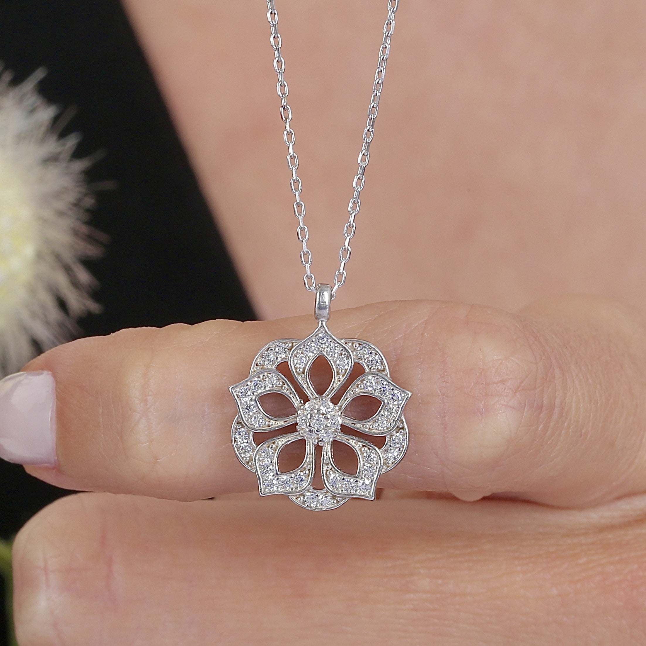 Radiant Bloom Filigree CZ 925K Sterling Silver Necklace - Etossimo Jewelry