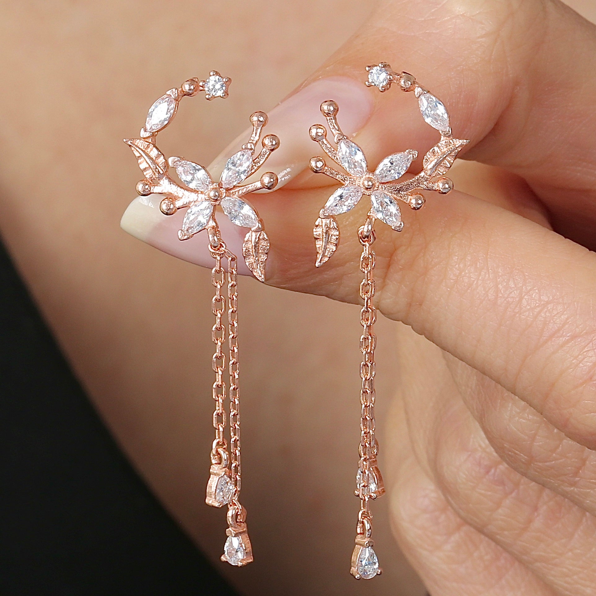 Celestial Moon Flower Drop Dangles CZ Rose Gold 925K Sterling Silver Earrings - Etossimo Jewelry