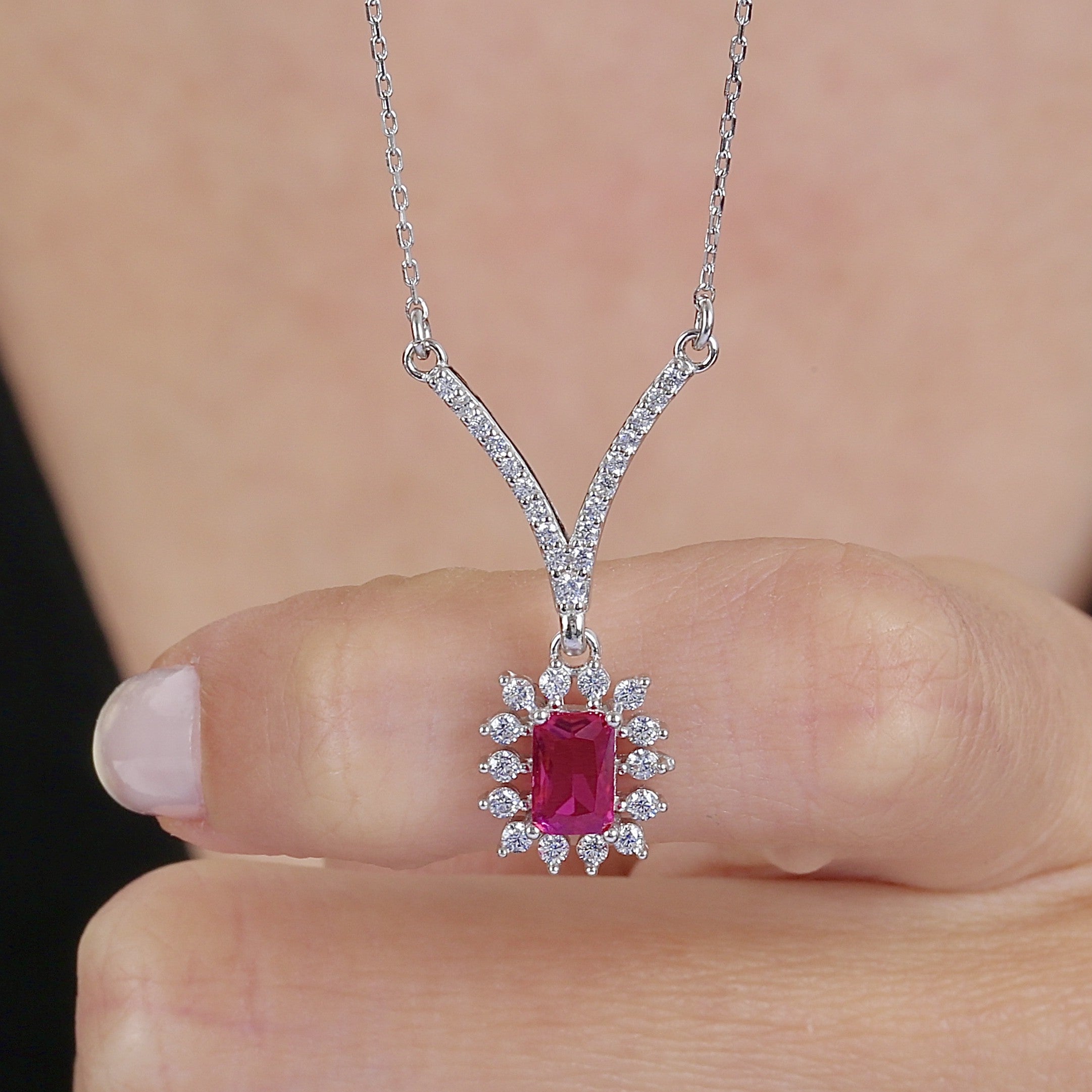 Majestic Sunstar Baguette Ruby Color CZ 925K Sterling Necklace - Etossimo Jewelry