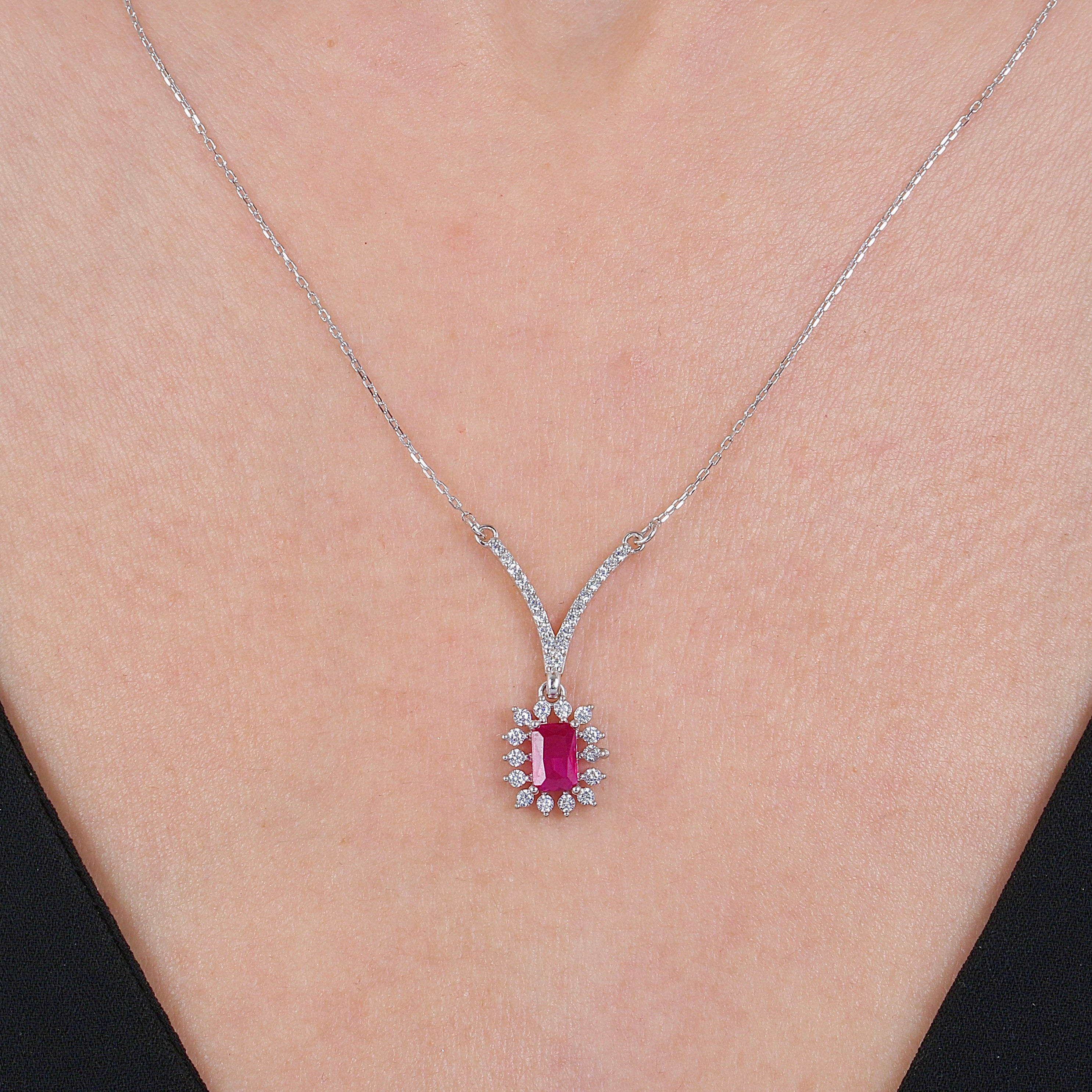 Majestic Sunstar Baguette Ruby Color CZ 925K Sterling Necklace - Etossimo Jewelry