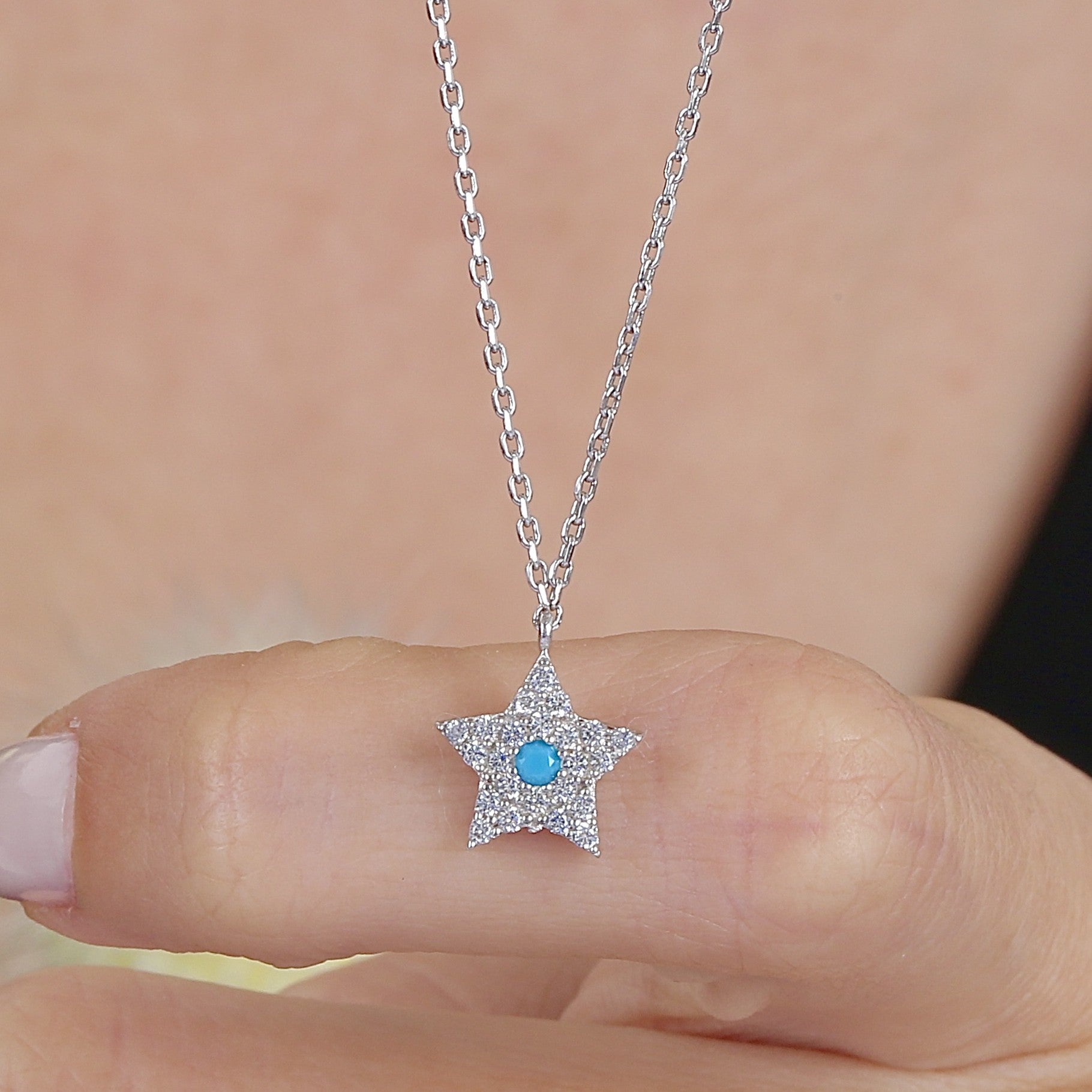 Celestial Star with Turquoise Gem CZ 925K Sterling Silver Necklace - Etossimo Jewelry