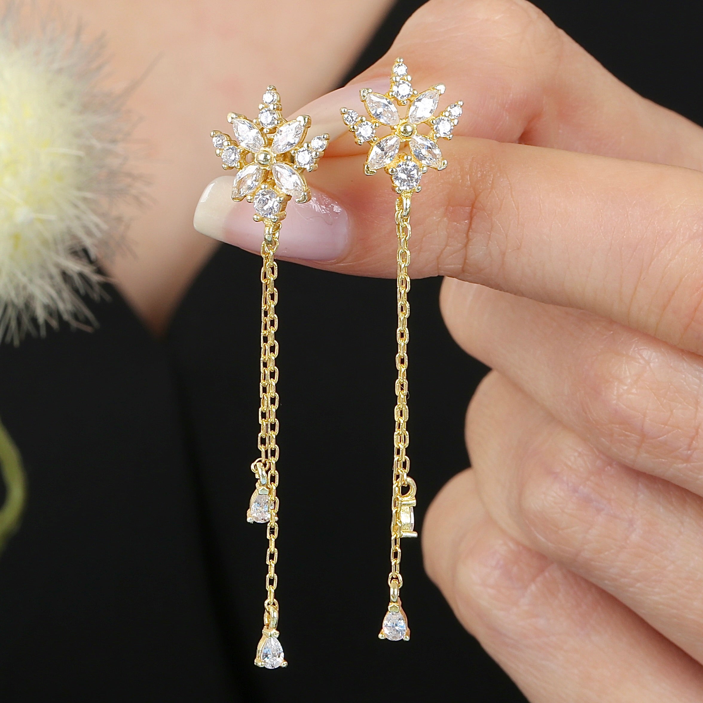 Lustrous Marquise Bloom Drop Dangles CZ 14K Gold Earrings - Etossimo Jewelry