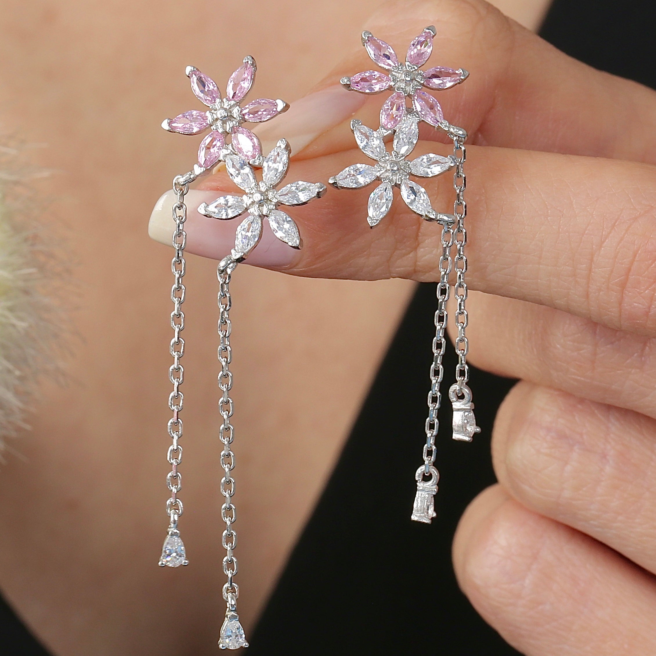 Sakura Blooms Drop Dangles CZ 925K Sterling Silver Earrings - Etossimo Jewelry