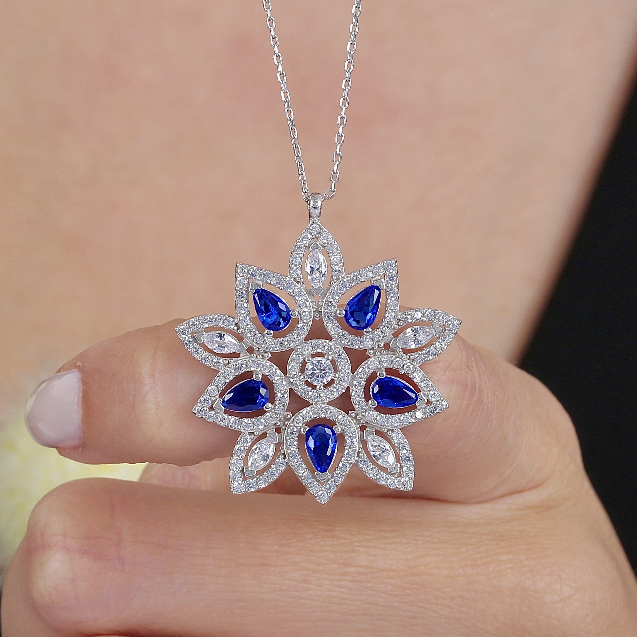 Majestic Lotus Star Sapphire Color CZ 925K Sterling Silver Necklace - Etossimo Jewelry